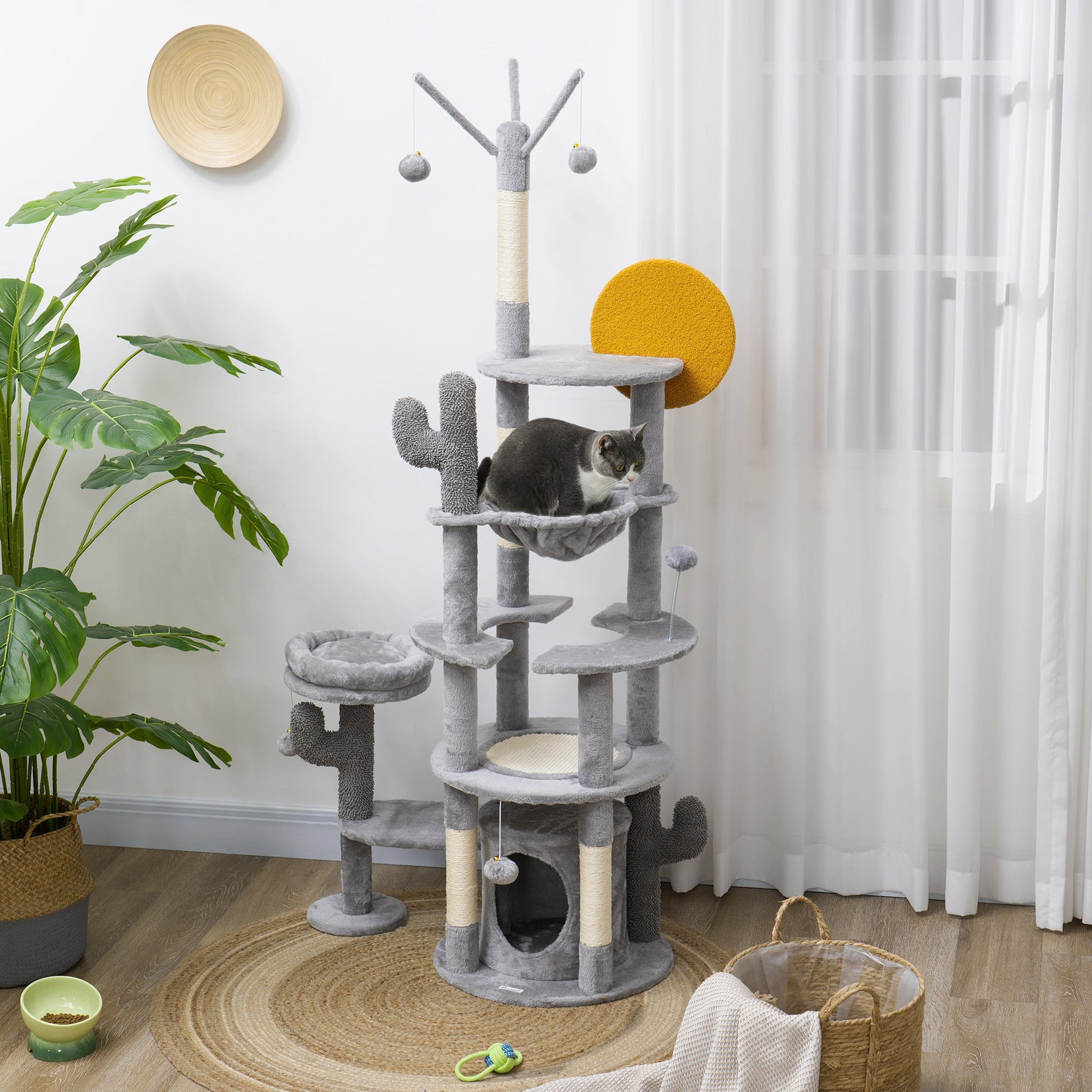 71" Tall Cat Tree, Multi-Level Cat Tower for Indoor, Corner DIY Design with Scratching Posts, Sisal Pad, Condo, Bed, Hammock, Platforms, Balls, Activity Center, Light Grey