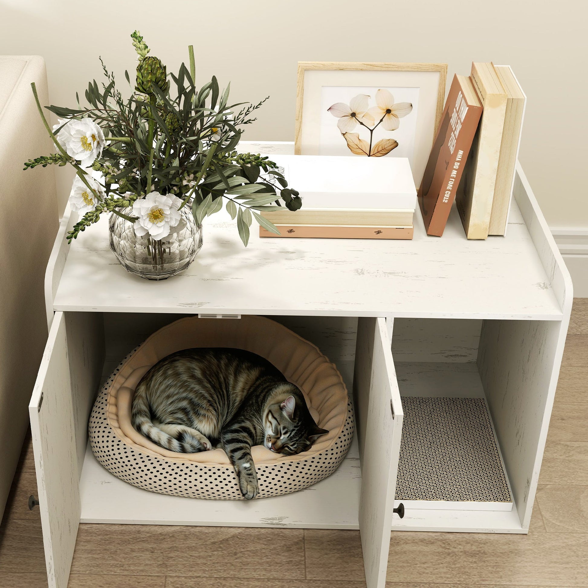 Litter Box Enclosure, 32" Hidden Washroom Furniture with Scratching Mat, Cat Entrance, Indoor Pet House, Side End Table Fit Most of Cat and Litter Box, Distressed White