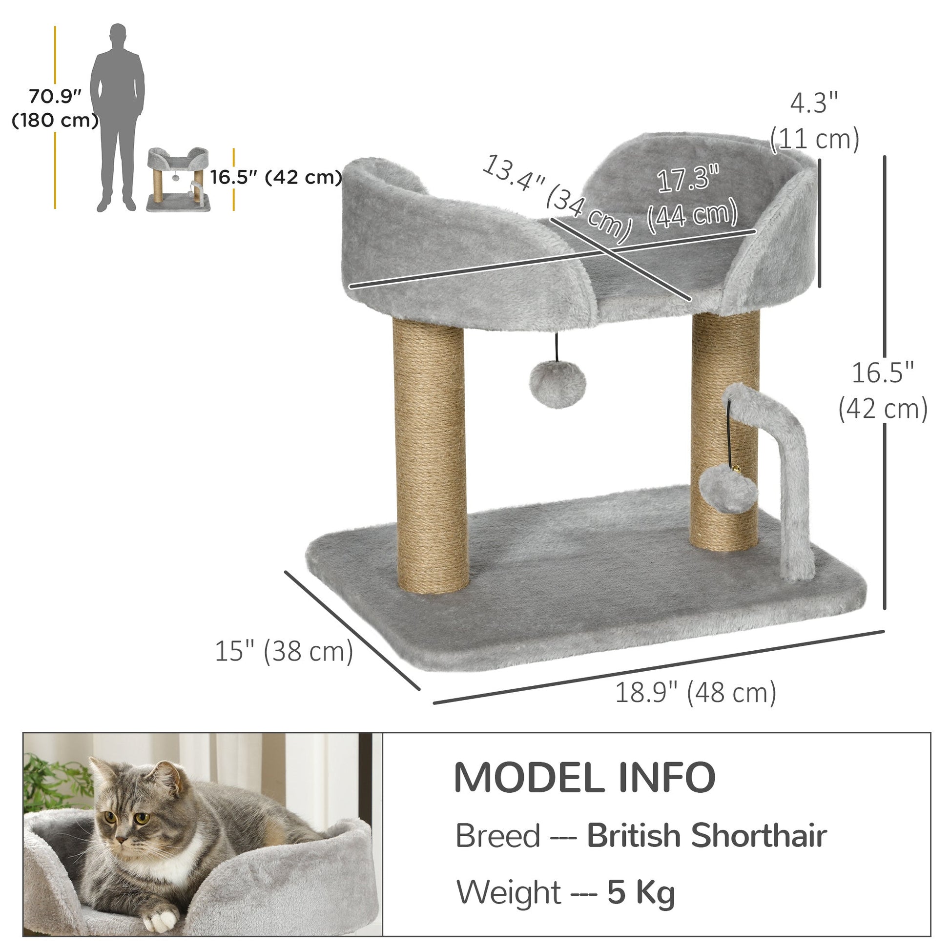 Cat Tree, 16.5" Small Cat Tower Condo for Indoor Cats with Jute Scratching Posts, Top Perch, Dangling Balls, Cat Activity Centre, Grey