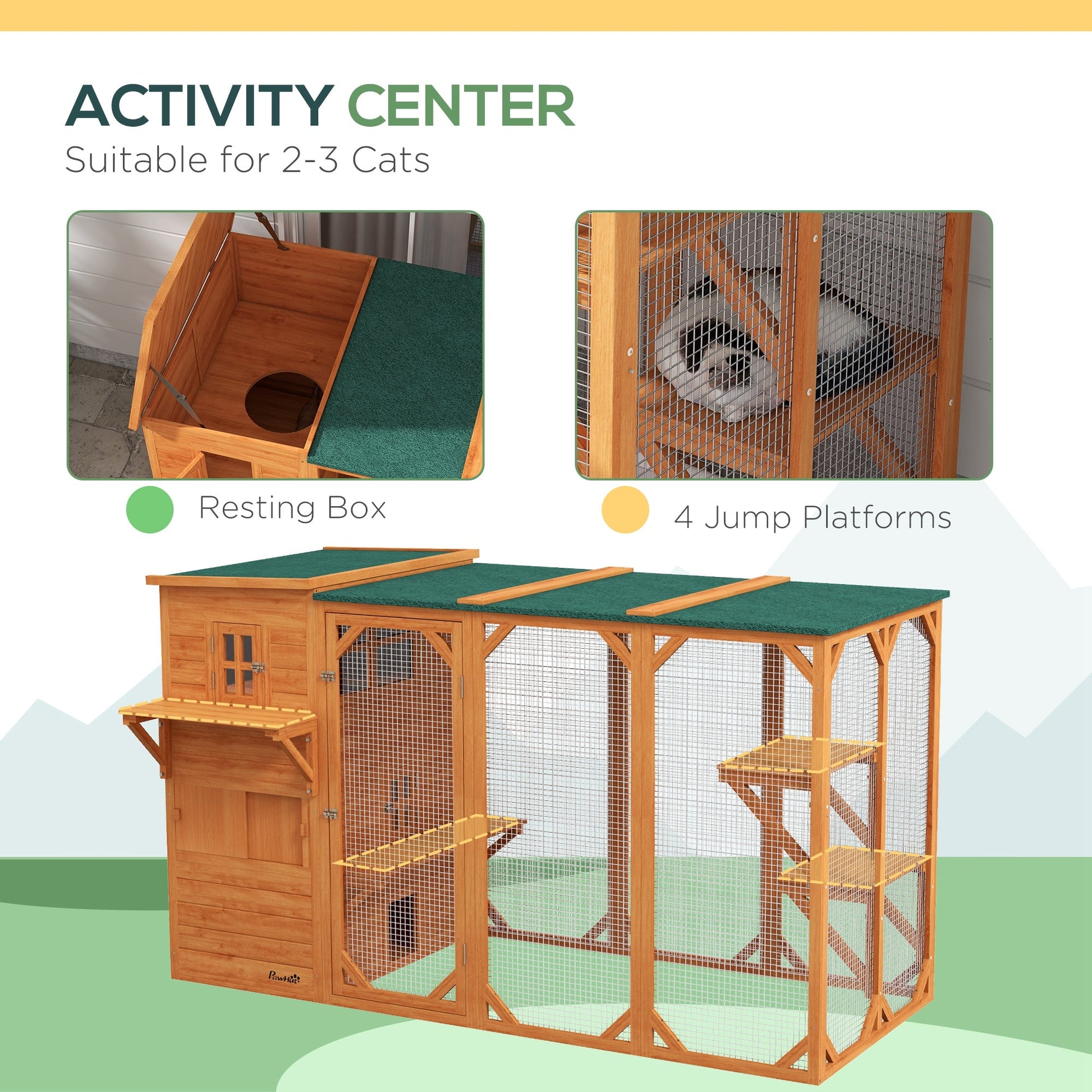 Wooden Cat Catio, 76"L Walk in Outdoor Cat House with Asphalt Roof, Platforms, Lockable Doors, 3-tier Resting Condo, Observation Window, for 2-3 Cats, Orange