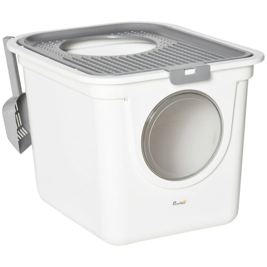 Cat Litter Box, Enclosed Kitty Litter Box with Front Entrance, Top Exit, Scoop, Easy Cleaning Pet Toilet for Cats, White