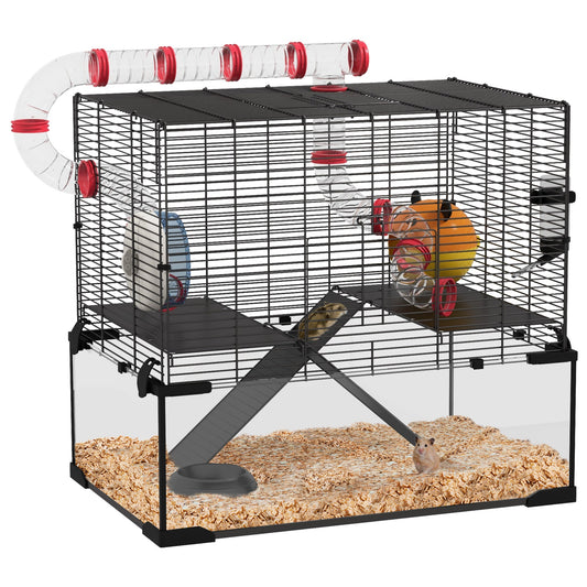 Hamster Cage, Gerbil Cage with Glass Basin, Tunnel Tube System, Ramps, Platforms, Hut, Exercise Wheel, Water Bottle, Dish, for Syrian and Dwarf Hamsters, 24" x 16" x 22"