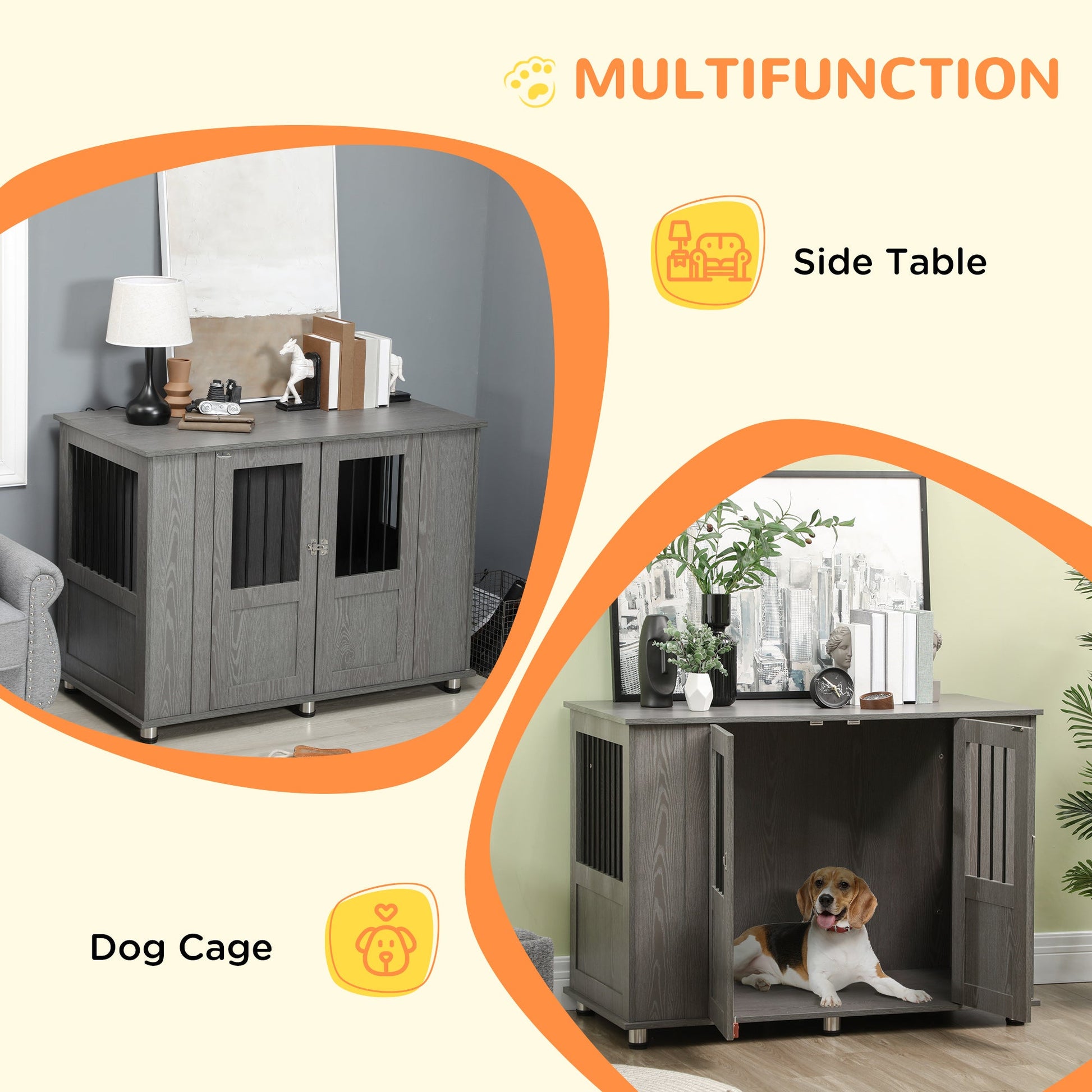 Dog Crate Furniture with Lockable Magnetic Door, Adjustable feet, Indoor Dog Kennel End Table for Extra Large, Medium & Small Dogs, Grey