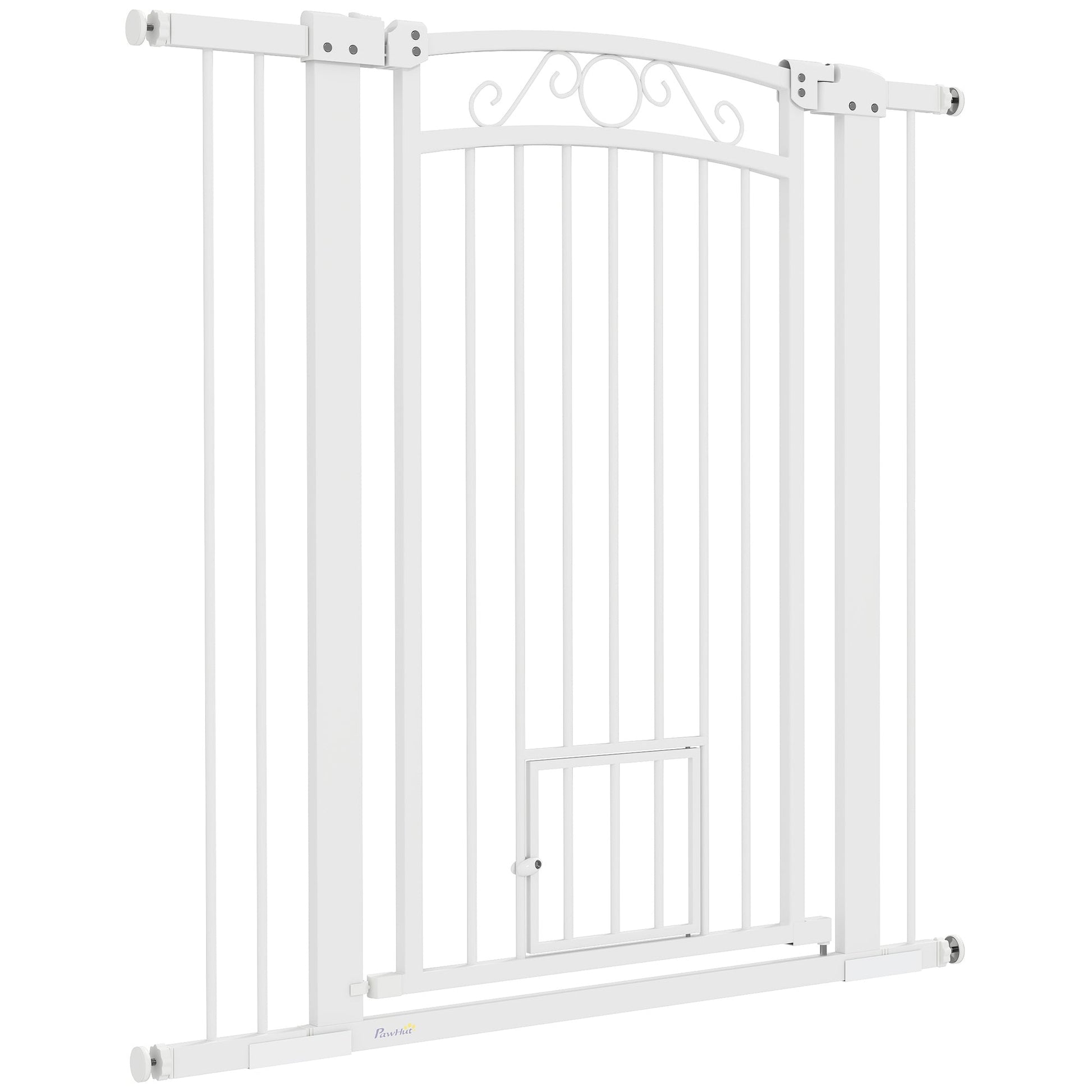 Dog Gate, Walk Through Pet Gate with Small Pet Door, Auto Close, for Doorways, House, Stair, 2 Extension Kits, Pressure Mount Kit, 30"-41" W x 42" H