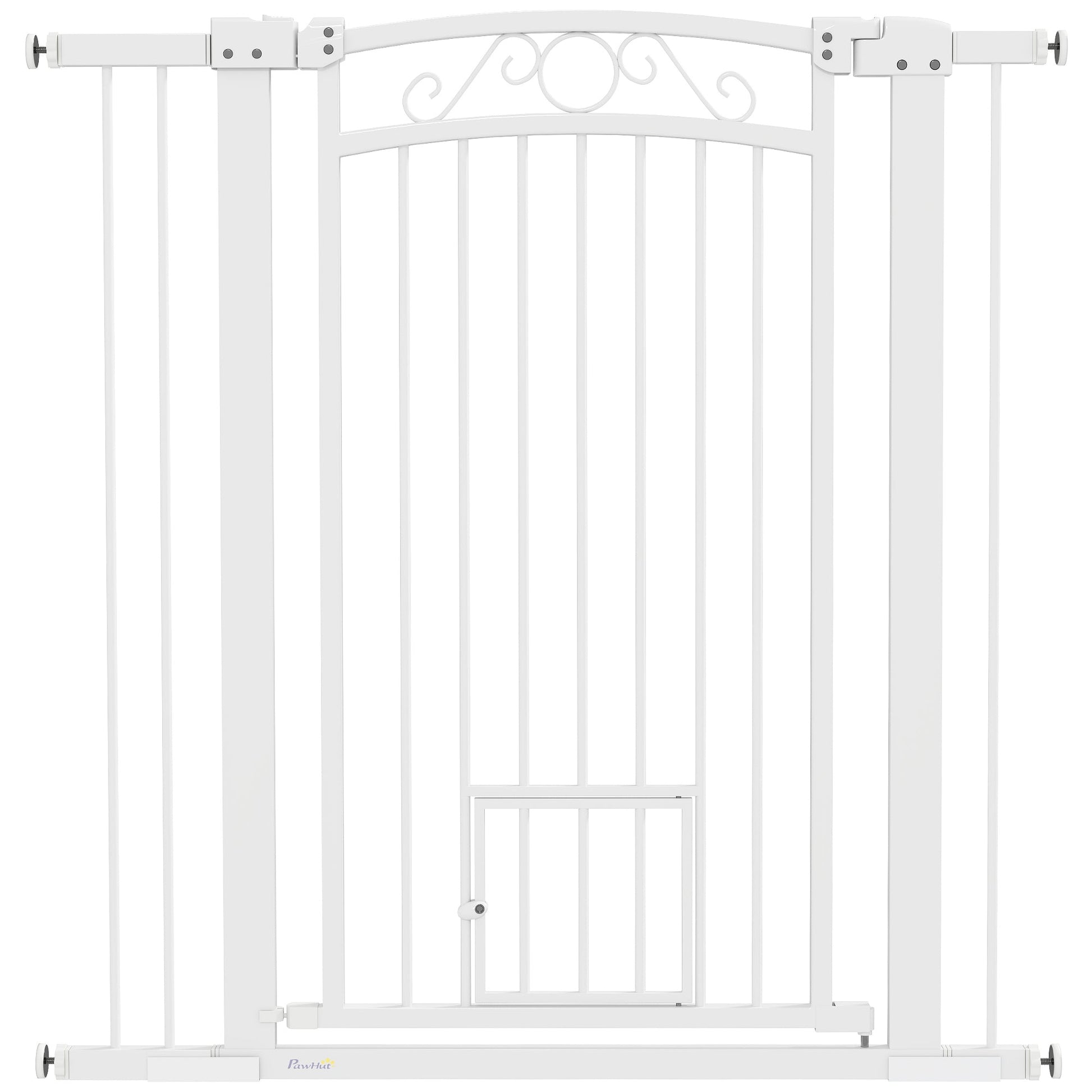 Dog Gate, Walk Through Pet Gate with Small Pet Door, Auto Close, for Doorways, House, Stair, 2 Extension Kits, Pressure Mount Kit, 30"-41" W x 42" H