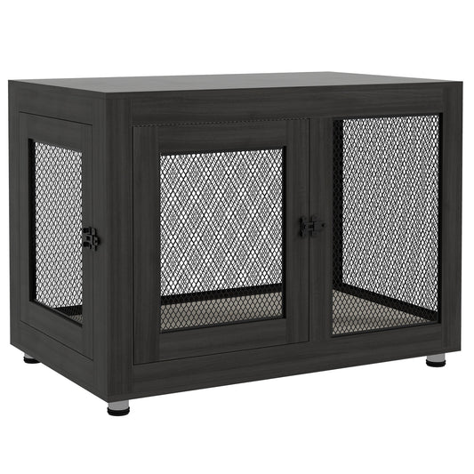37in Dog Crate Furniture with Cushion, Indoor Pet Kennel End Table with 2 Doors, for Large Dogs, Black