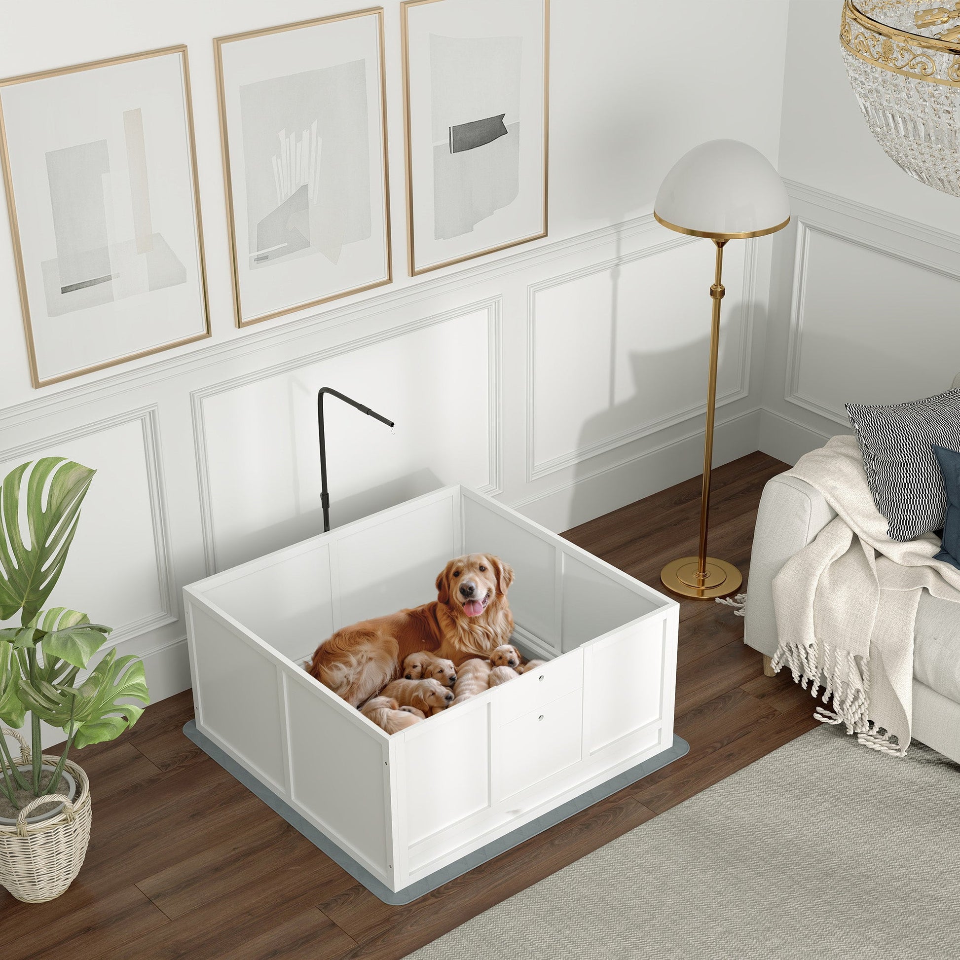 Whelping Box for Dogs, Puppy Playpen with Retractable Light Stand, Waterproof Pad, Rail, Adjustable Height Door for Small, Medium & Large Breed Dogs, 41" x 39"