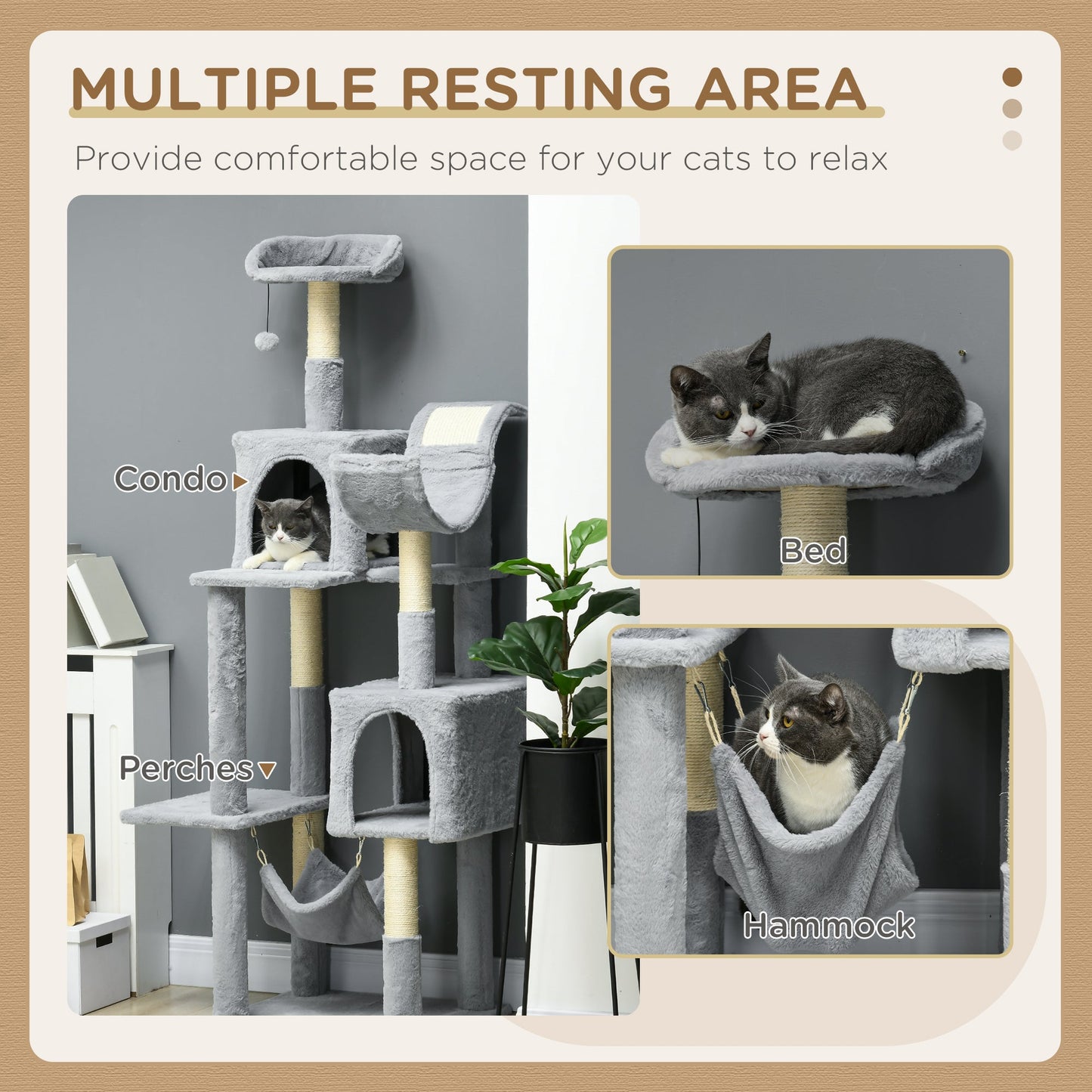 Tall Cat Tree for Indoor Cats, 70" Multi-Level Cat Tower with Hammock, Cat Bed, Cat Condo with Sisal Scratching Posts, Bluish Grey
