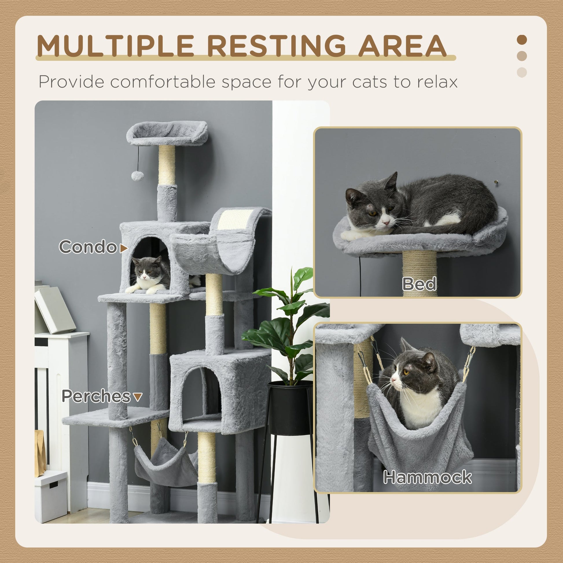 Tall Cat Tree for Indoor Cats, 70" Multi-Level Cat Tower with Hammock, Cat Bed, Cat Condo with Sisal Scratching Posts, Bluish Grey