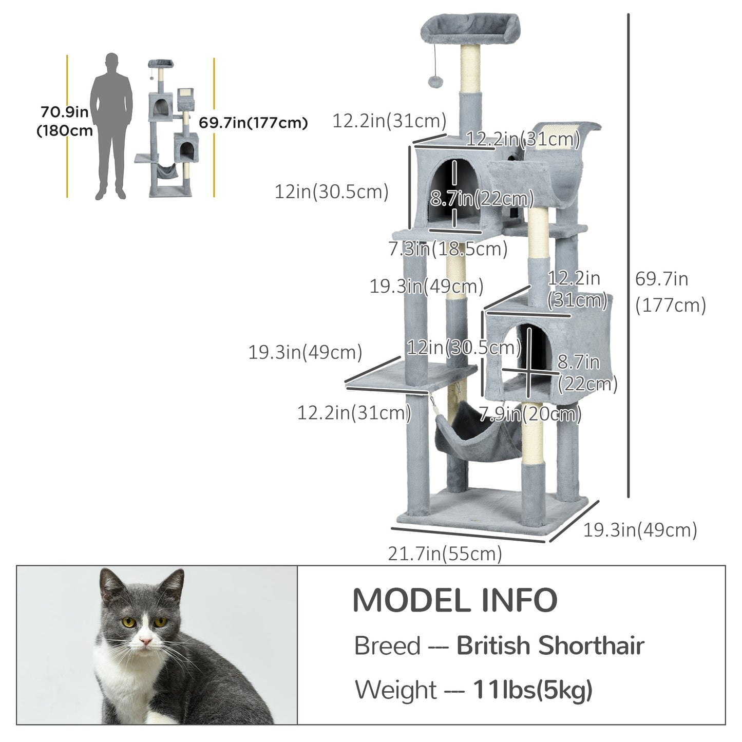 Tall Cat Tree for Indoor Cats, 70" Multi-Level Cat Tower with Hammock, Cat Bed, Cat Condo with Sisal Scratching Posts, Bluish Grey