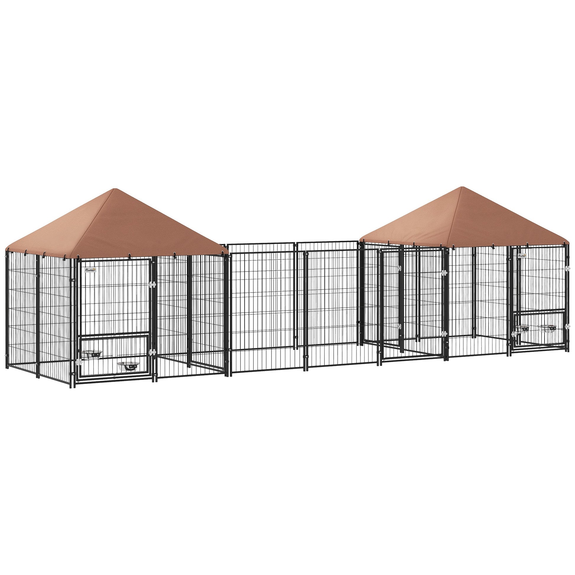 Outdoor Dog Kennel with 2 Rooms, Dog Run Outdoor Pet Playpen House with Rotating & Adjustable Height Bowls, Waterproof UV-Resistant Covers, Secure Locks, 16.2' x 4.7' x 5.1'