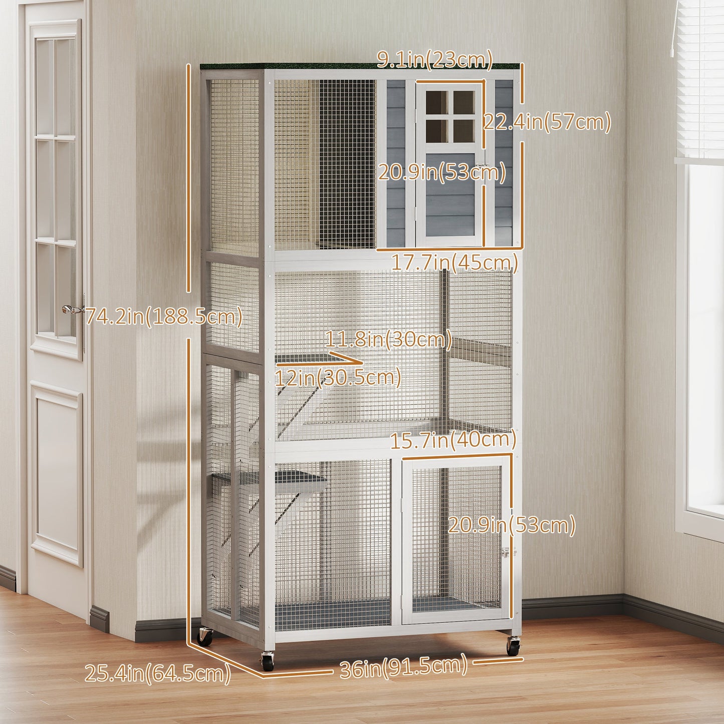 74"H Wooden Catio Cat Enclosure, Indoor Outdoor Kitten House with Weatherproof Asphalt Roof & Brake Wheels, Luxury Kitten Condo Cage for Multiple Cats, White