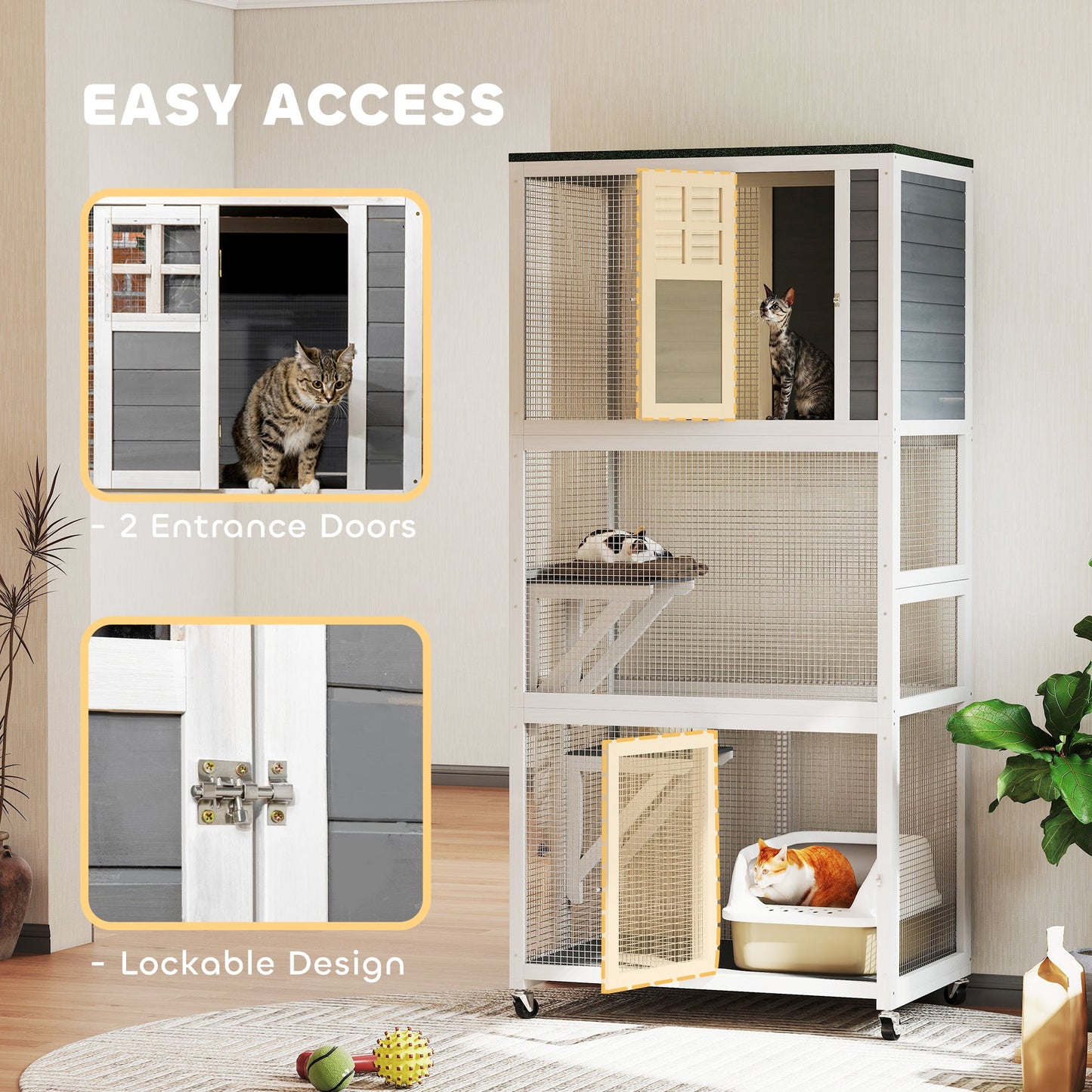 74"H Wooden Catio Cat Enclosure, Indoor Outdoor Kitten House with Weatherproof Asphalt Roof & Brake Wheels, Luxury Kitten Condo Cage for Multiple Cats, White