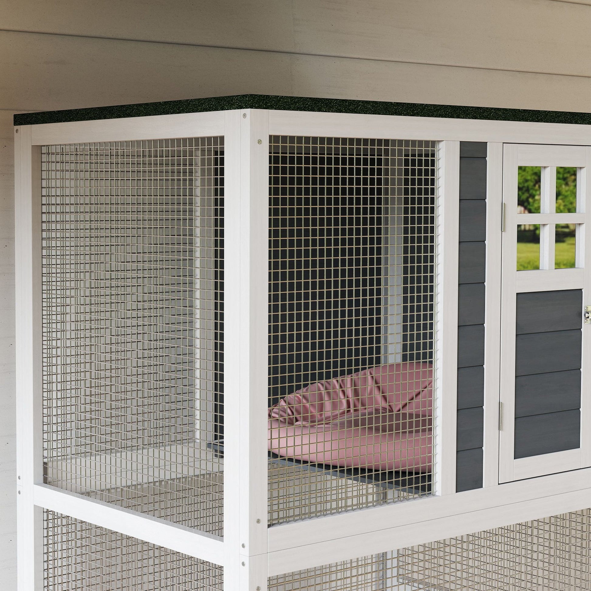 74"H Wooden Catio Cat Enclosure, Indoor Outdoor Kitten House with Weatherproof Asphalt Roof & Brake Wheels, Luxury Kitten Condo Cage for Multiple Cats, White