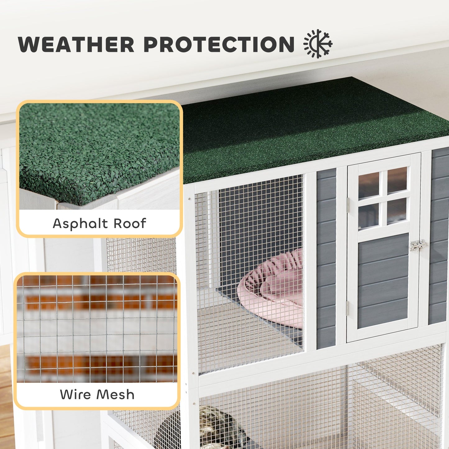 74"H Wooden Catio Cat Enclosure, Indoor Outdoor Kitten House with Weatherproof Asphalt Roof & Brake Wheels, Luxury Kitten Condo Cage for Multiple Cats, White