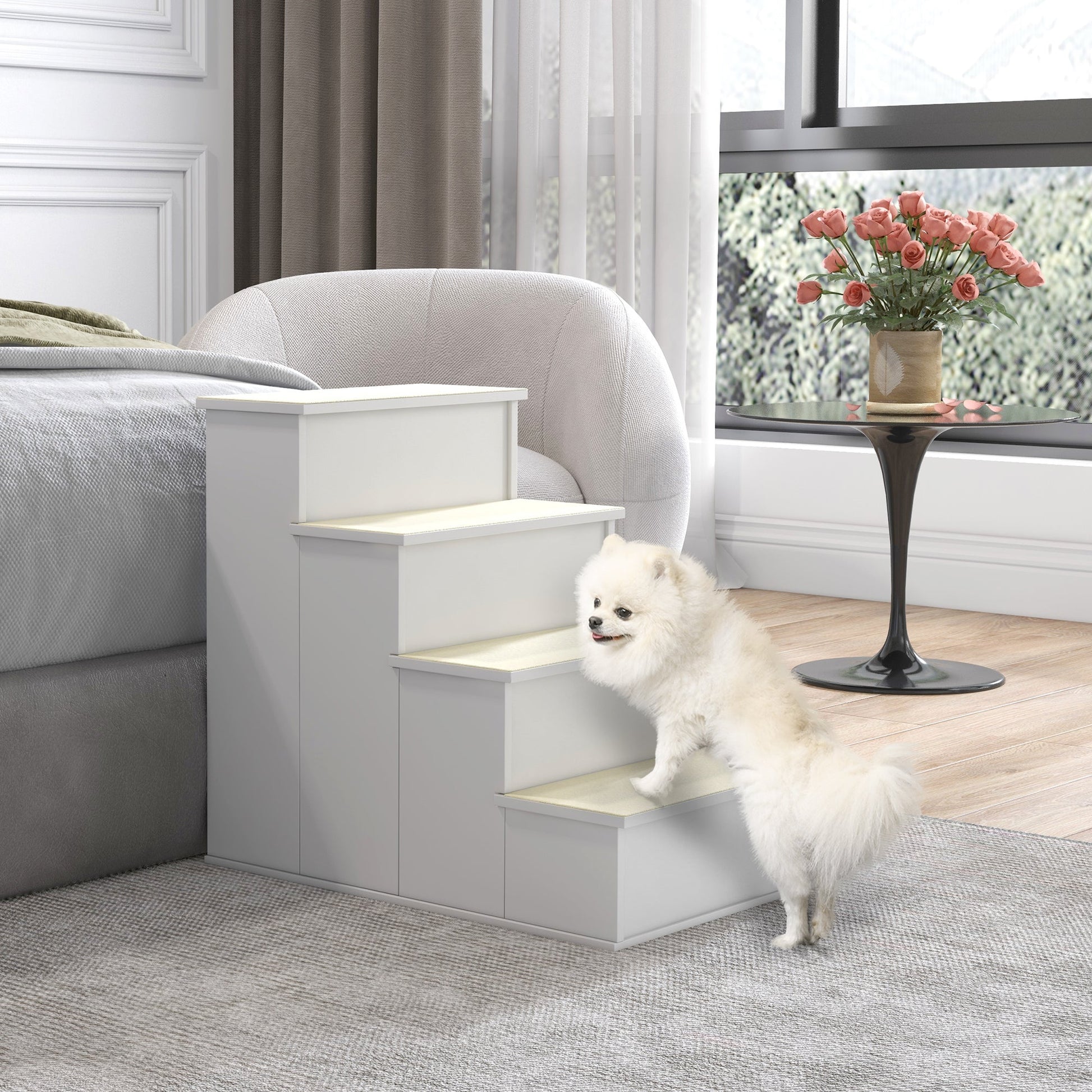 Pet Stairs Dog Steps for High Bed, 4 Levels Dog Stairs for Car, Wooden Cat Ladder with Non-Slip Carpet, 15.7" L x 23.2" W x 21.3" H, White
