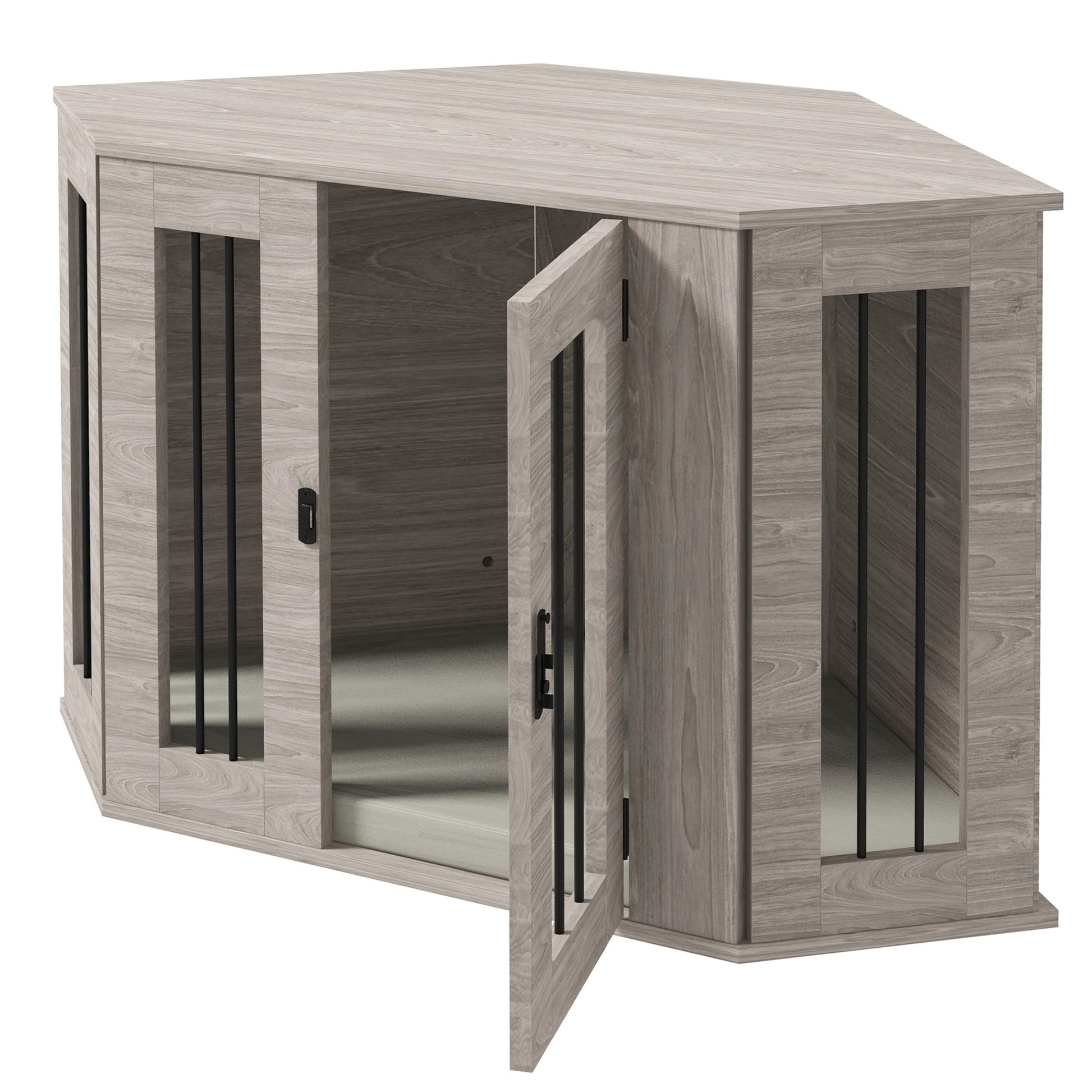 41" Dog Crate Furniture, Corner Dog Crate End Table for Medium and Small Dogs, Indoor Dog Cage with Cushion, Door, Lock, Walnut Brown