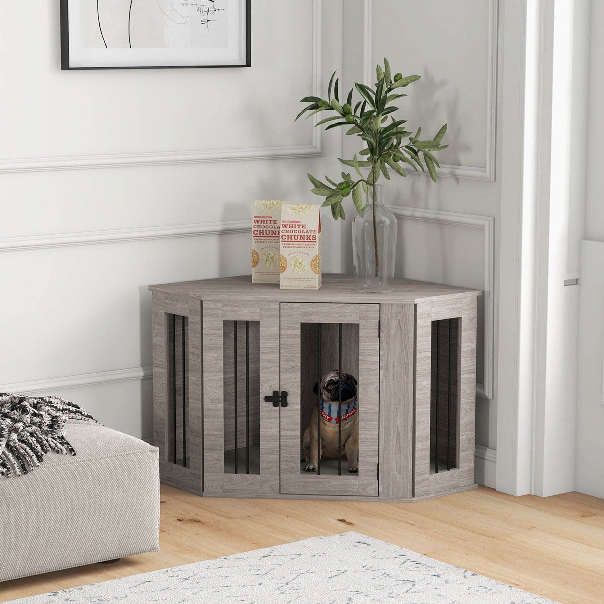 41" Dog Crate Furniture, Corner Dog Crate End Table for Medium and Small Dogs, Indoor Dog Cage with Cushion, Door, Lock, Walnut Brown