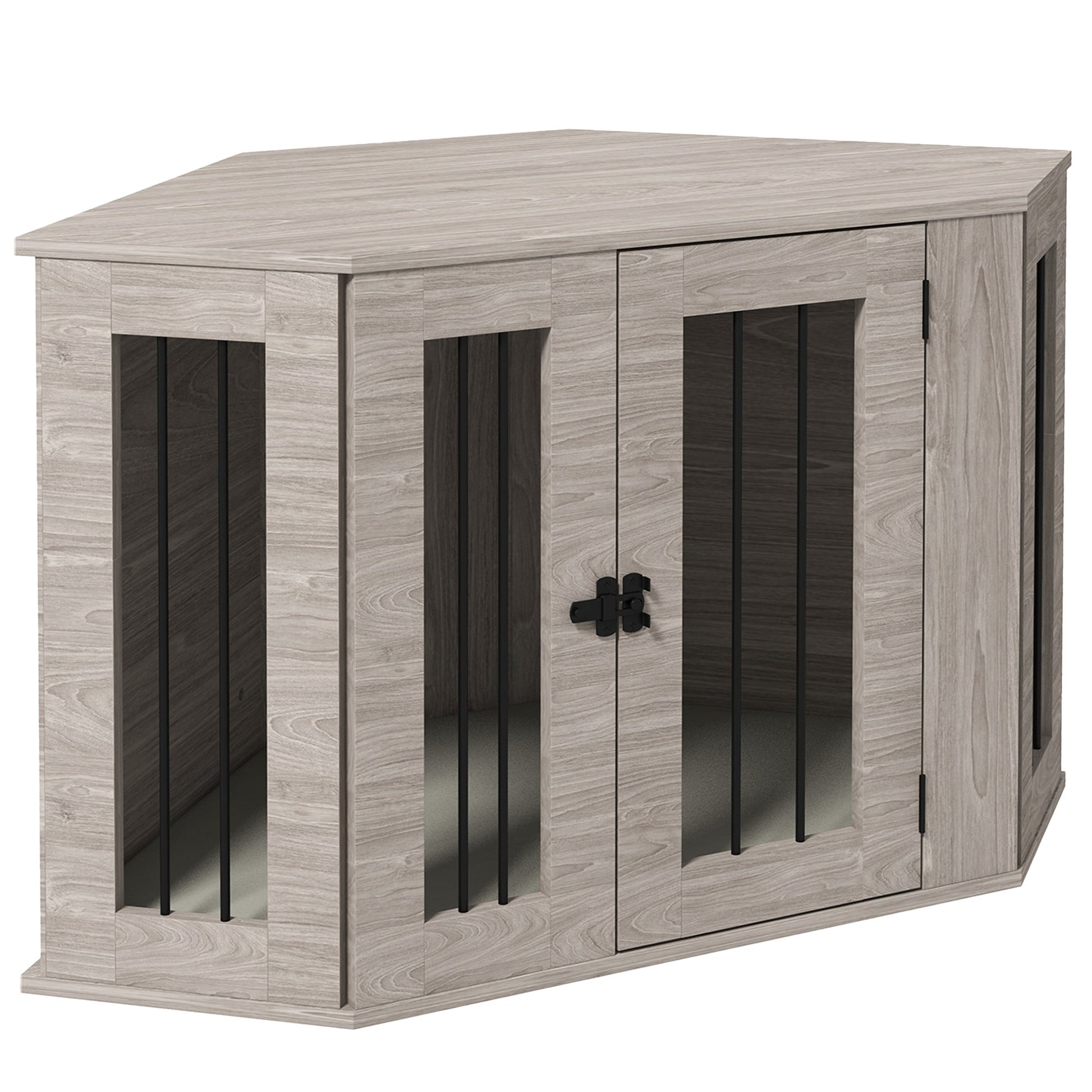 41" Dog Crate Furniture, Corner Dog Crate End Table for Medium and Small Dogs, Indoor Dog Cage with Cushion, Door, Lock, Walnut Brown