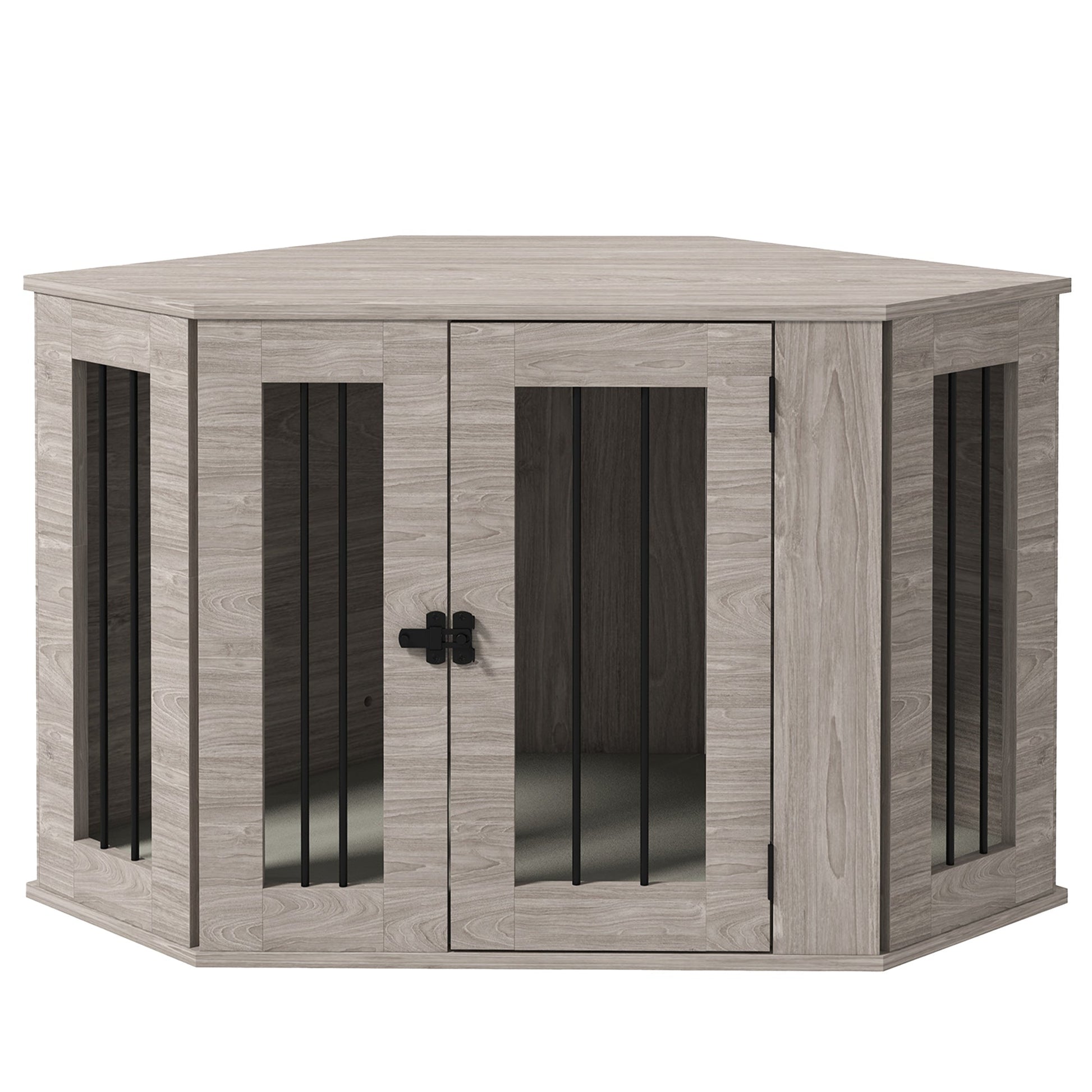 41" Dog Crate Furniture, Corner Dog Crate End Table for Medium and Small Dogs, Indoor Dog Cage with Cushion, Door, Lock, Walnut Brown
