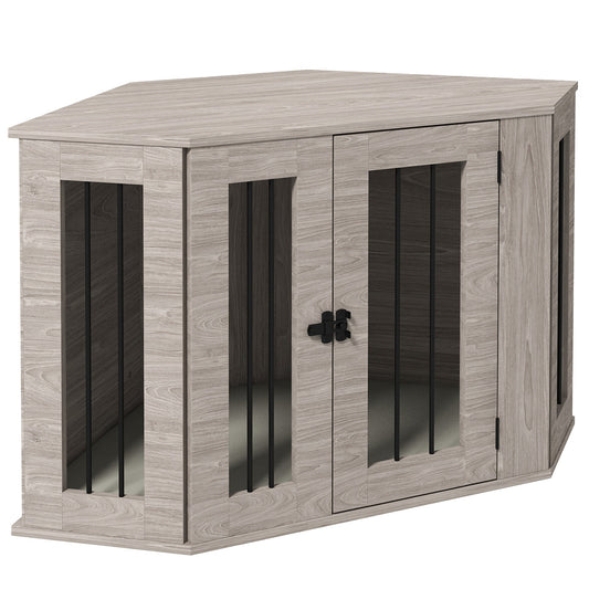 41" Dog Crate Furniture, Corner Dog Crate End Table for Medium and Small Dogs, Indoor Dog Cage with Cushion, Door, Lock, Walnut Brown