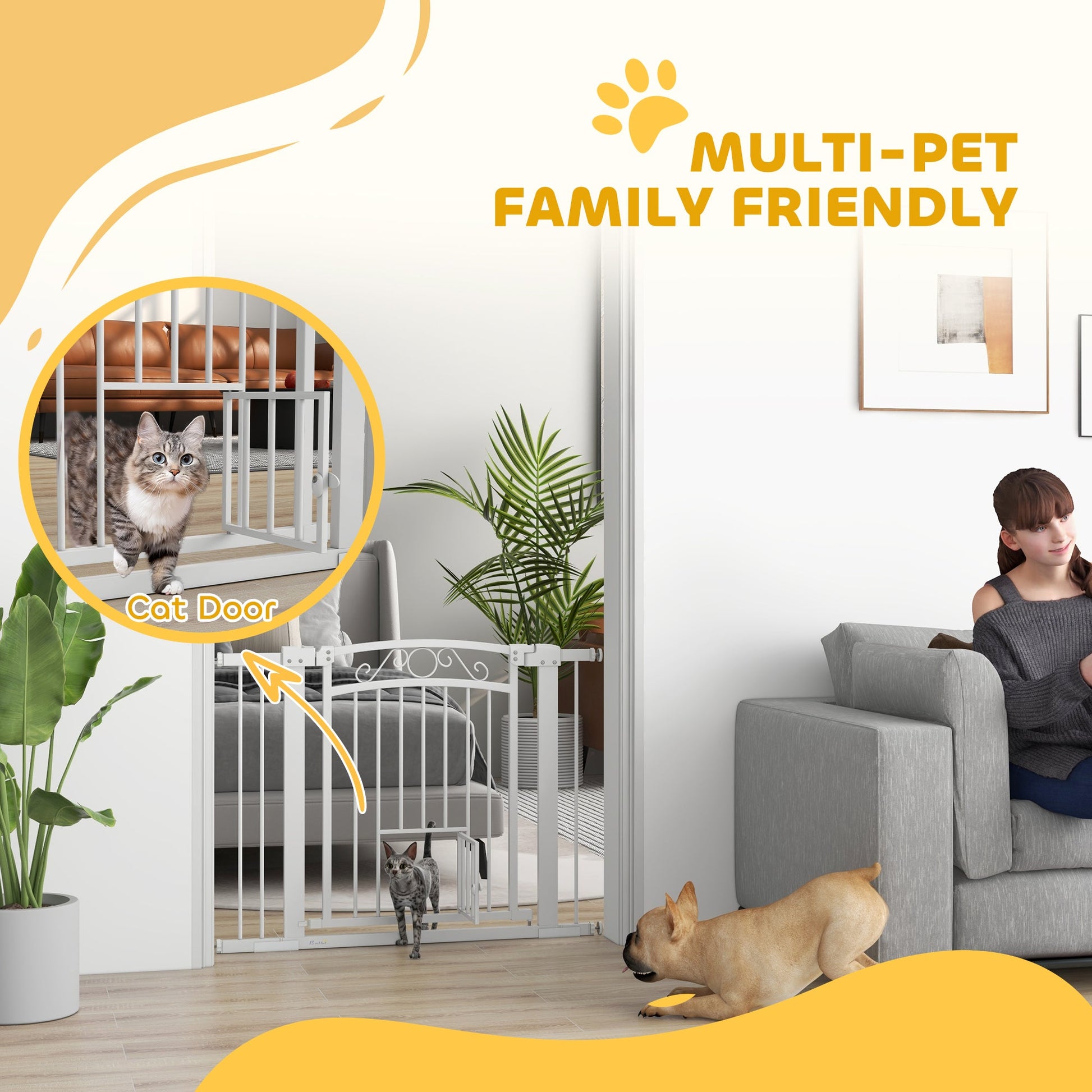 Dog Gate, Walk Through Pet Gate with Small Pet Door, Auto Close, for Doorways, House, Stair, 2 Extension Kits, Pressure Mount Kit, 30"-41" W x 30" H