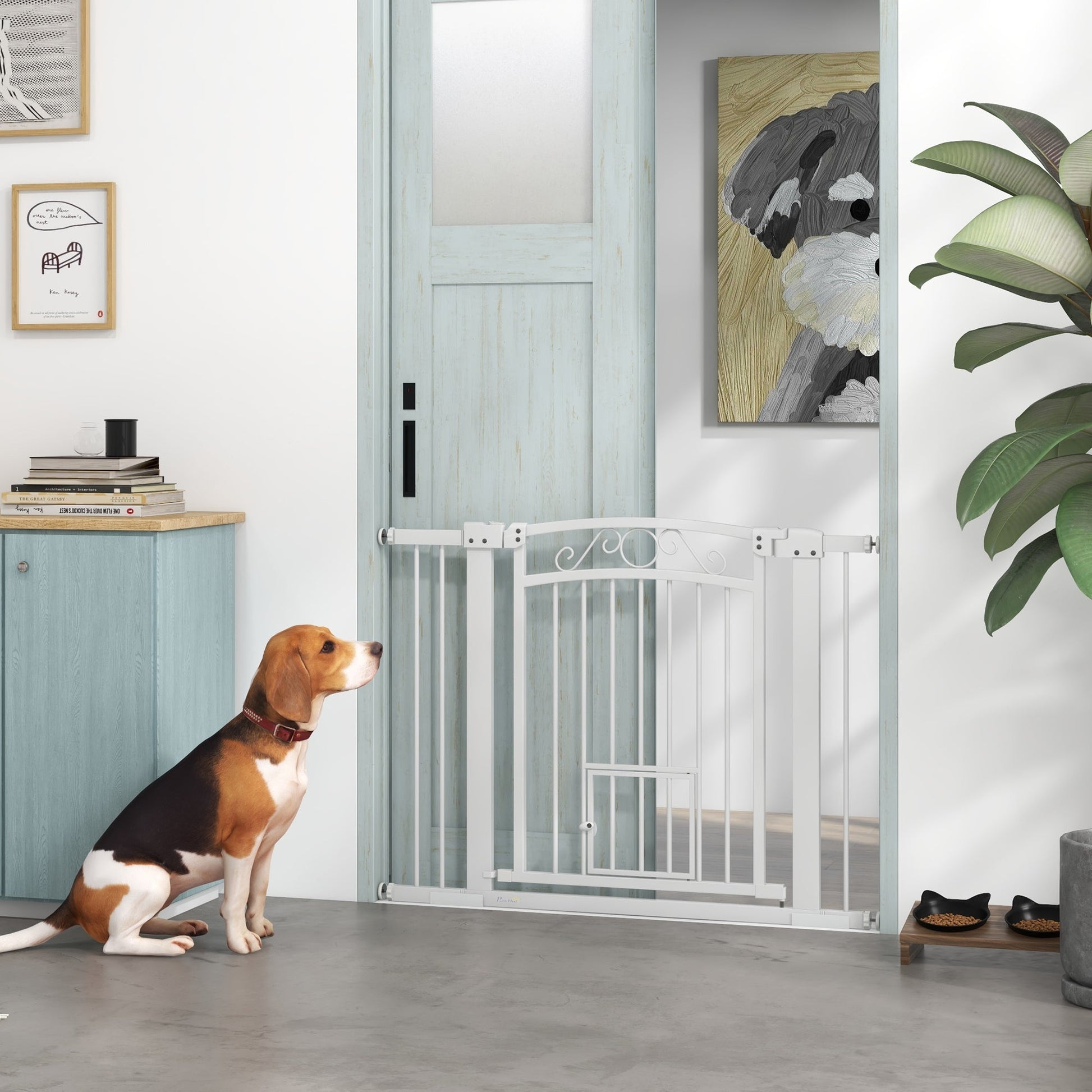 Dog Gate, Walk Through Pet Gate with Small Pet Door, Auto Close, for Doorways, House, Stair, 2 Extension Kits, Pressure Mount Kit, 30"-41" W x 30" H