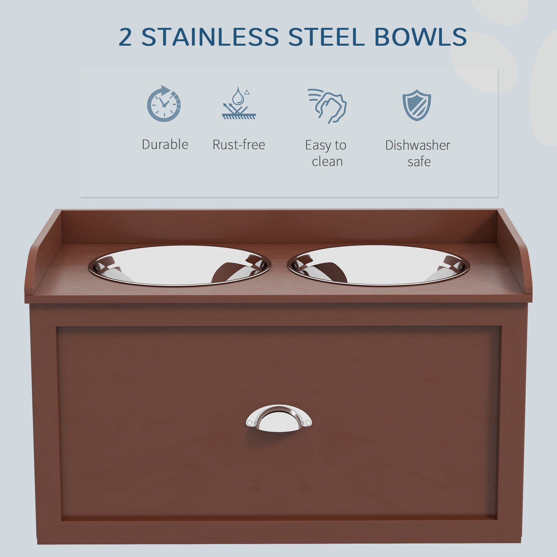 Elevated Dog Bowls for Large Dogs, Raised Pet Feeding Station with 2 Stainless Steel Bowls, Hidden Storage Drawer, Wood Stand for Cats, Brown