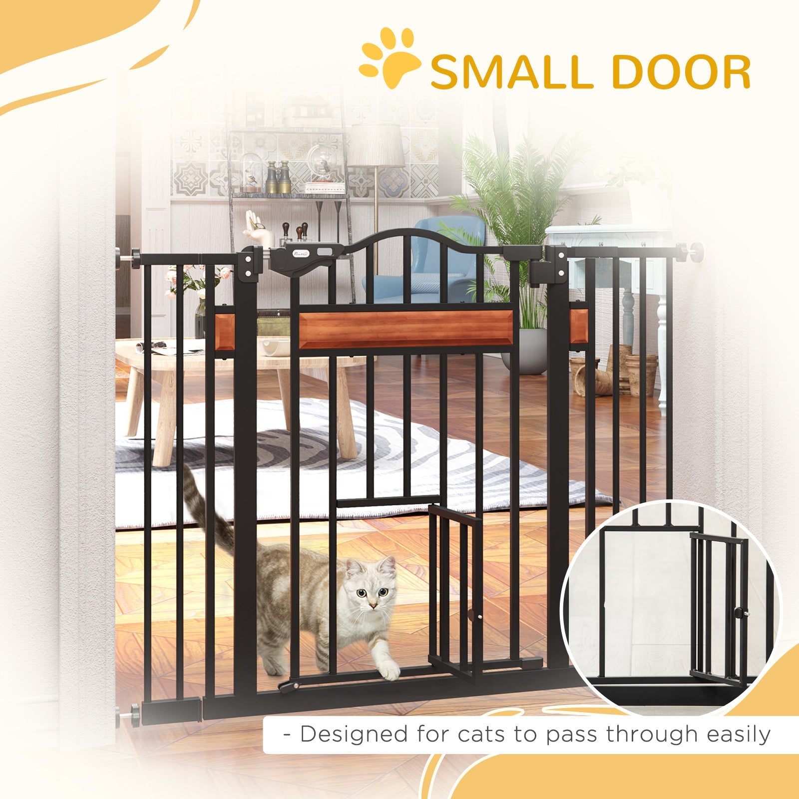29.1''-41.3'' Extra Wide Dog Gate with Cat Door with Stair Pressure Fit, Auto Close, Double Locking, for Doorways, Hallways, Stairs, Black