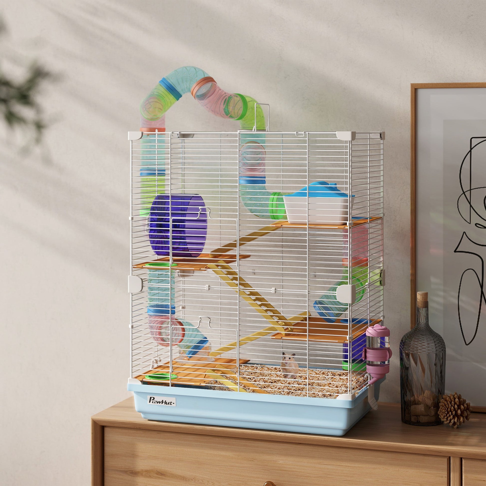 5 Tiers Hamster Cage Portable Animal Travel Carrier Habitat with Exercise Wheels Play Tube Water Bottle Dishes House Ladder for Gerbils, Light Blue