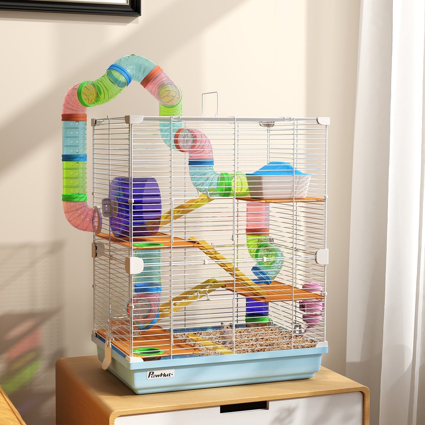 5 Tiers Hamster Cage Portable Animal Travel Carrier Habitat with Exercise Wheels Play Tube Water Bottle Dishes House Ladder for Gerbils, Light Blue