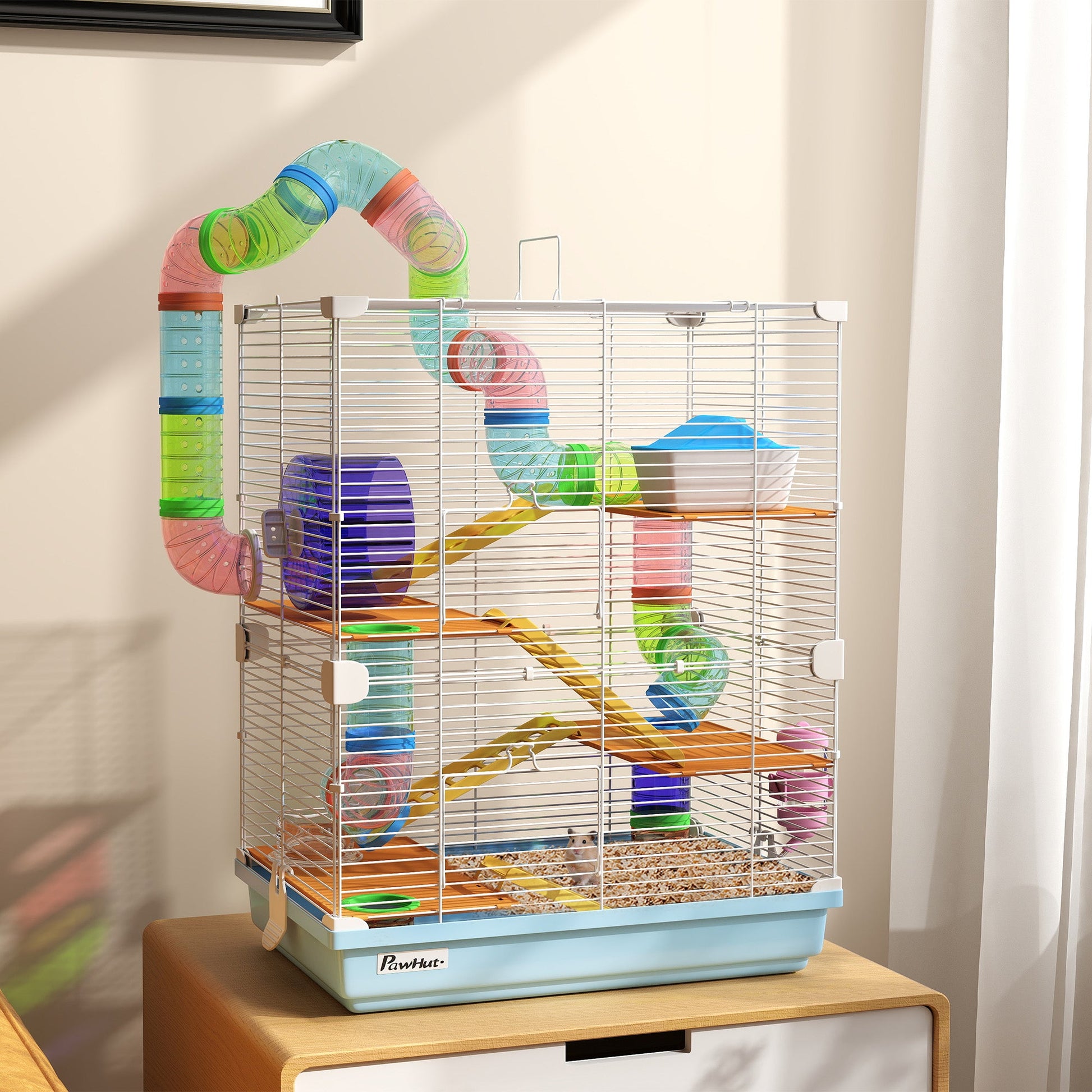 5 Tiers Hamster Cage Portable Animal Travel Carrier Habitat with Exercise Wheels Play Tube Water Bottle Dishes House Ladder for Gerbils, Light Blue