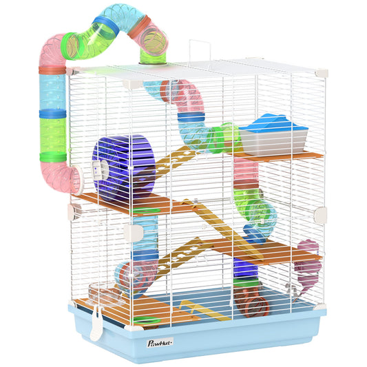 5 Tiers Hamster Cage Portable Animal Travel Carrier Habitat with Exercise Wheels Play Tube Water Bottle Dishes House Ladder for Gerbils, Light Blue