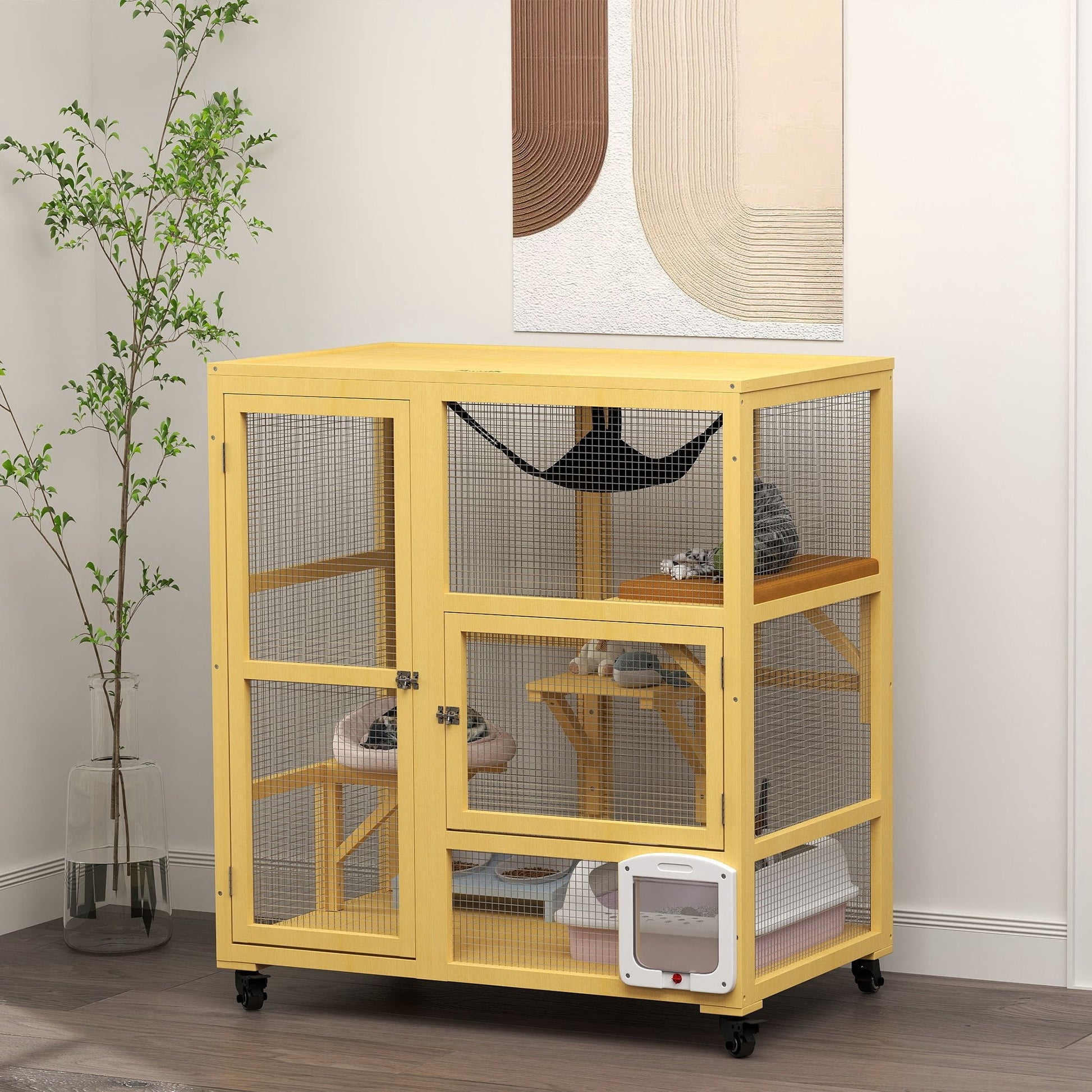 Wooden Cat House for Indoor 3 Levels Cat Condo Villa on Wheels with Flap Door Platforms Hammock Openable Top for 2 Kittens, Yellow