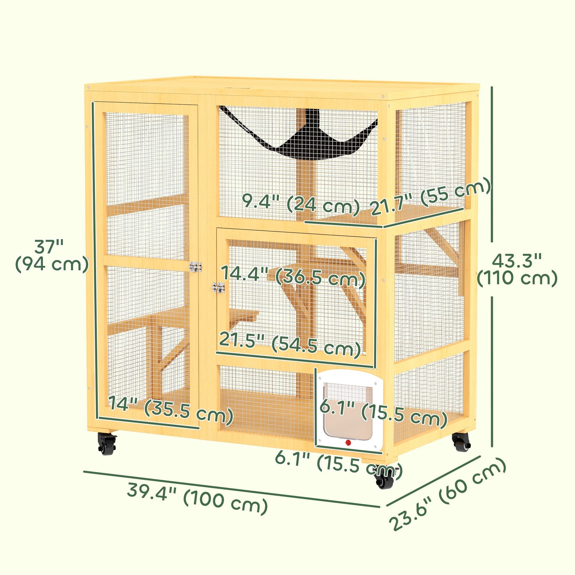 Wooden Cat House for Indoor 3 Levels Cat Condo Villa on Wheels with Flap Door Platforms Hammock Openable Top for 2 Kittens, Yellow