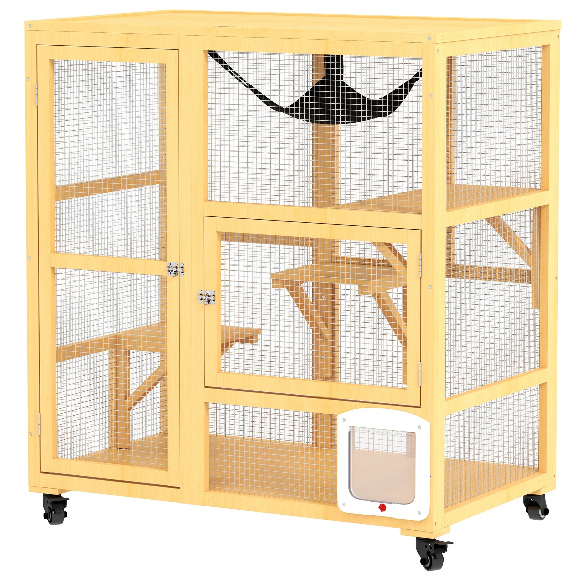 Wooden Cat House for Indoor 3 Levels Cat Condo Villa on Wheels with Flap Door Platforms Hammock Openable Top for 2 Kittens, Yellow
