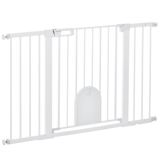 30"-52" Extra Wide Pet Gate with Small Door, 30"H Dog Gate with Safety Gate Barrier, Stair Pressure Fit, Auto Close, Double Locking, for Doorways, Hallways, White