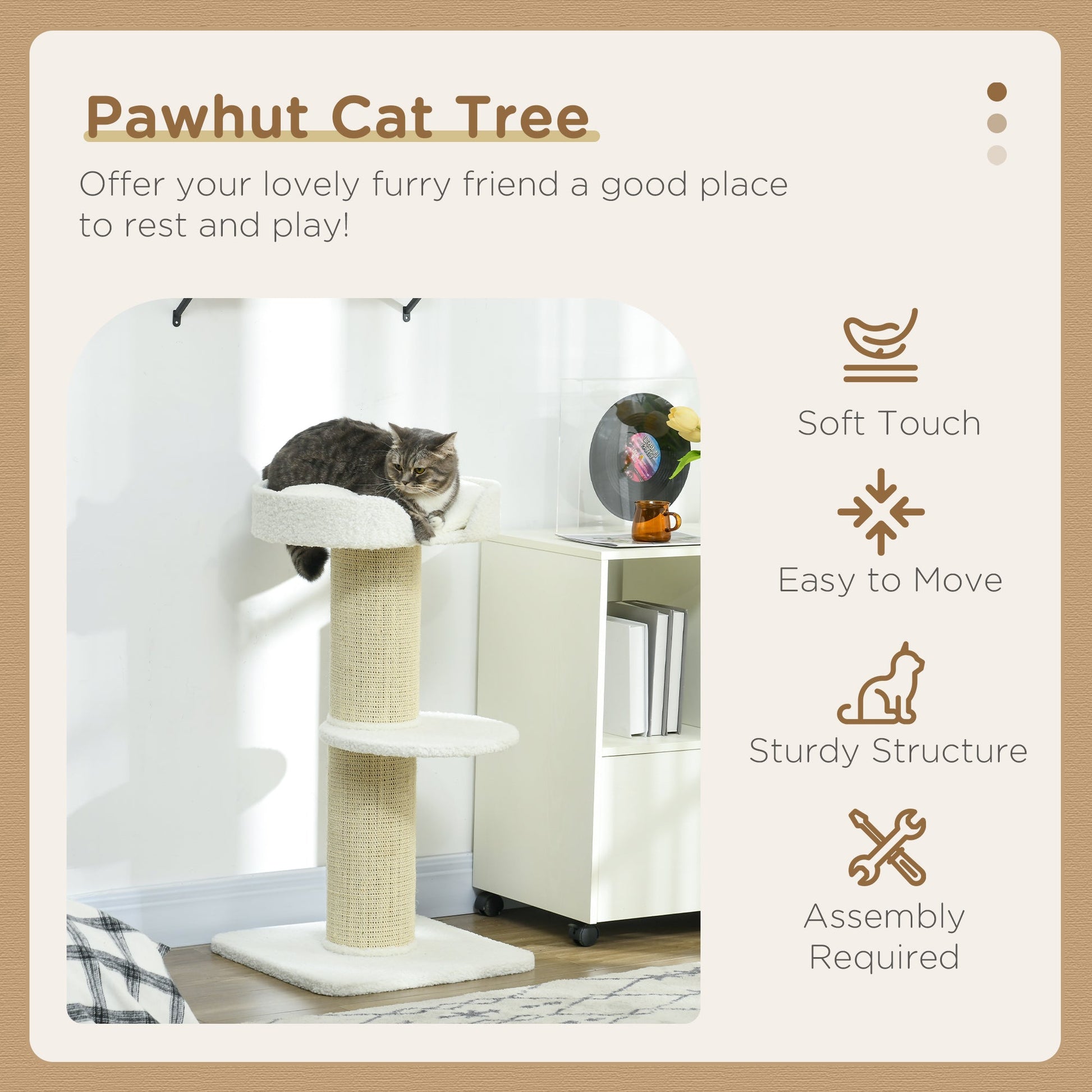 36"H Large Cat Scratching Post for Indoor Cats, Bold Cat Tree Multi-Level Kitty Tower with Sisal Mat Scratch Rope, Cat Bed, Removable Cushion, Perch, Cream White