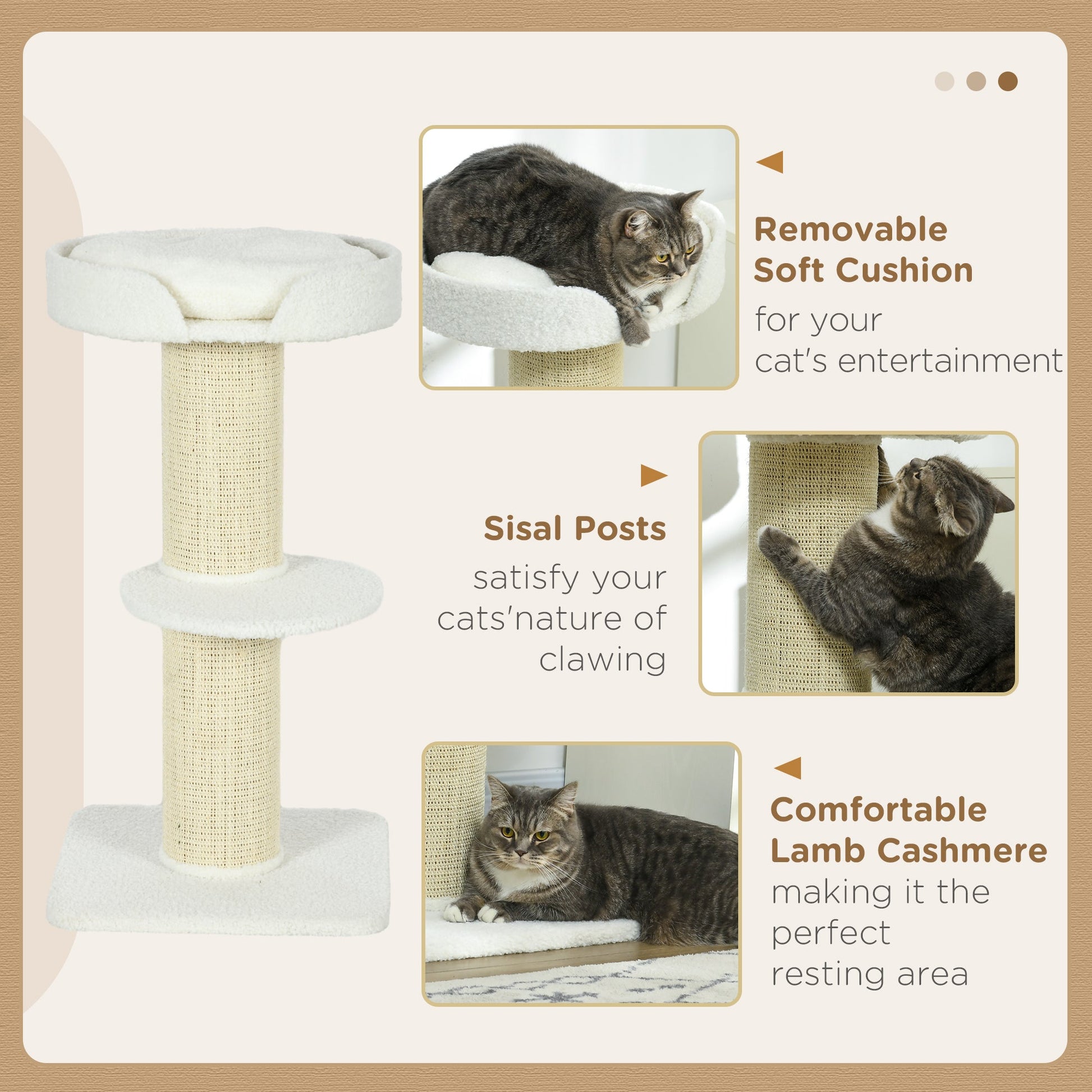 36"H Large Cat Scratching Post for Indoor Cats, Bold Cat Tree Multi-Level Kitty Tower with Sisal Mat Scratch Rope, Cat Bed, Removable Cushion, Perch, Cream White