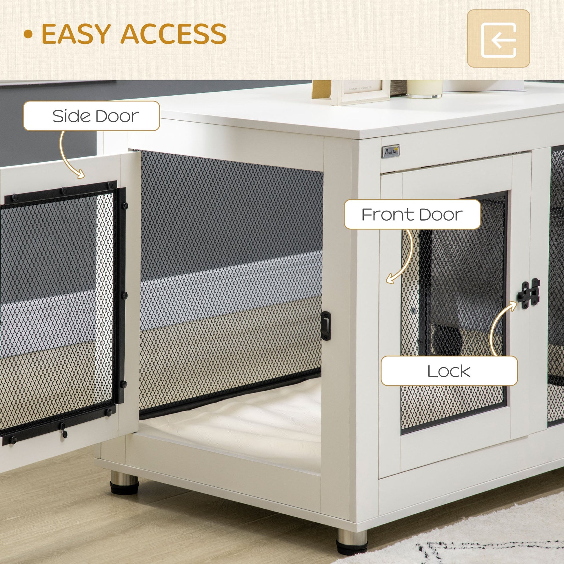 37in Dog Crate Furniture with Cushion, Indoor Pet Kennel End Table with 2 Doors, for Large Dogs, White