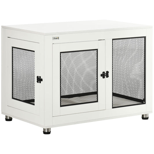 37in Dog Crate Furniture with Cushion, Indoor Pet Kennel End Table with 2 Doors, for Large Dogs, White