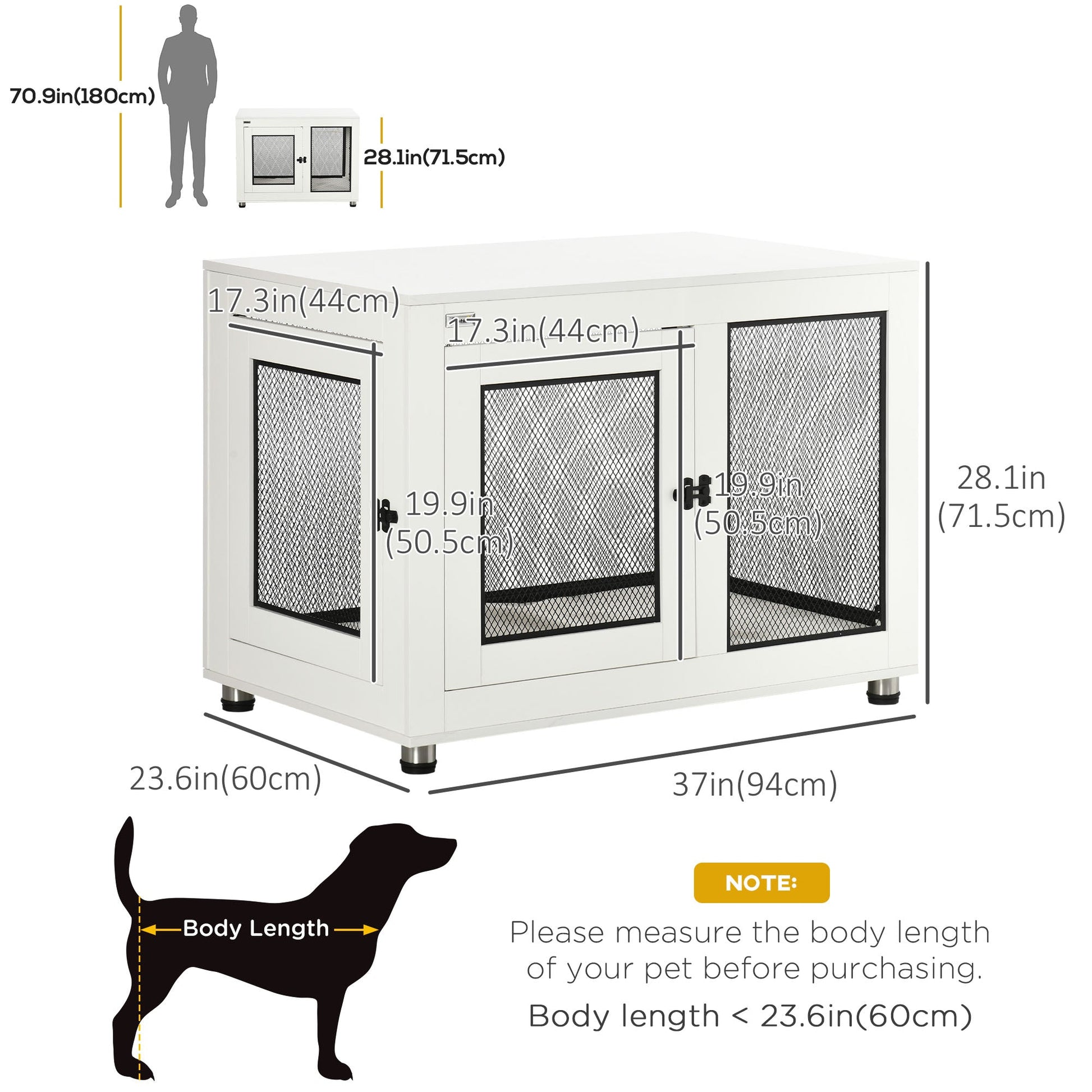 37in Dog Crate Furniture with Cushion, Indoor Pet Kennel End Table with 2 Doors, for Large Dogs, White