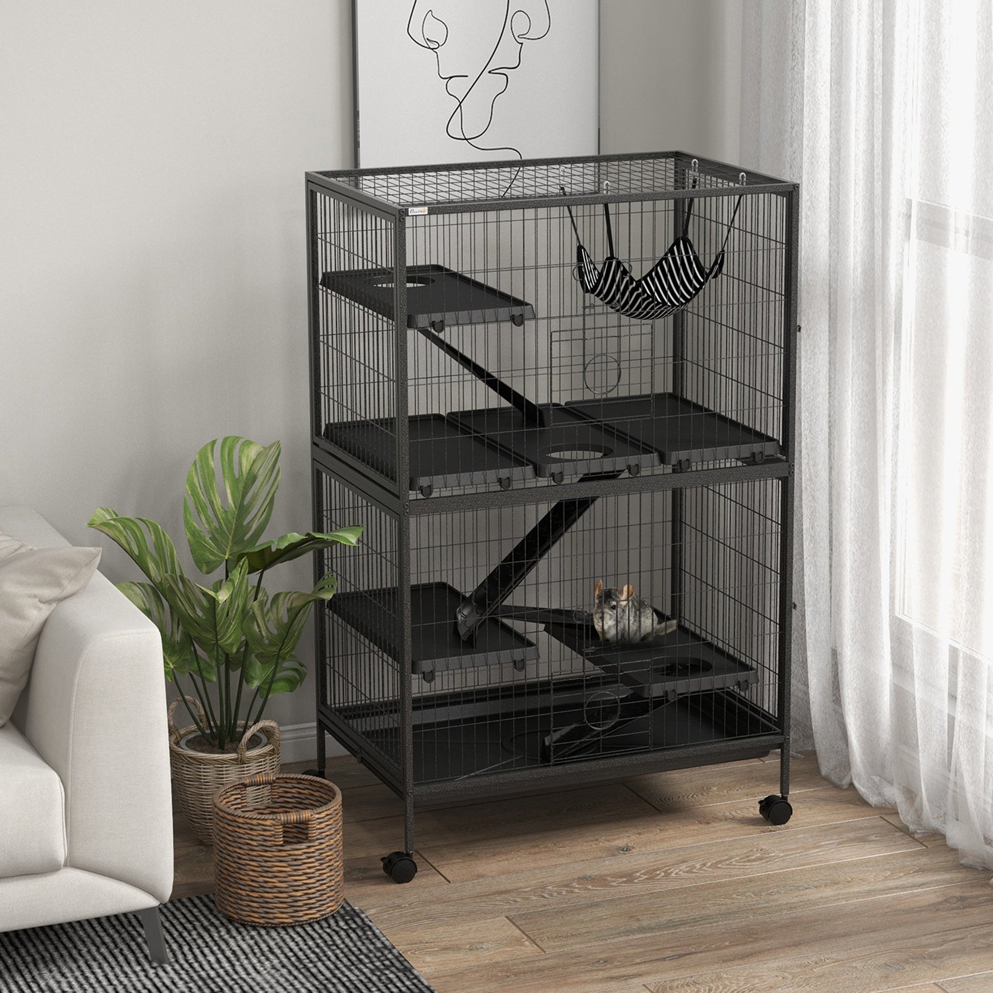 5-Tier Rolling Small Animal Cage, Deluxe Guinea Pig Cage, Ferret Cage for Mink Chinchilla Kitten Rabbit, Small Pet Play House with Hammock Platform, Ramp, Tray, Dark Grey