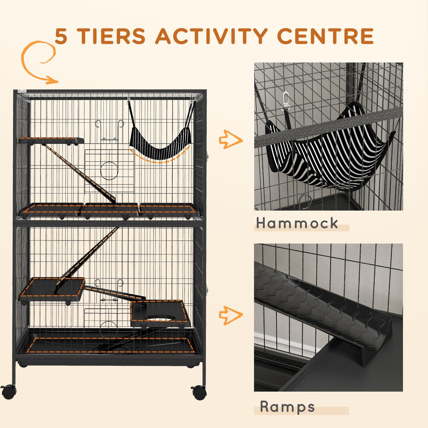 5-Tier Rolling Small Animal Cage, Deluxe Guinea Pig Cage, Ferret Cage for Mink Chinchilla Kitten Rabbit, Small Pet Play House with Hammock Platform, Ramp, Tray, Dark Grey