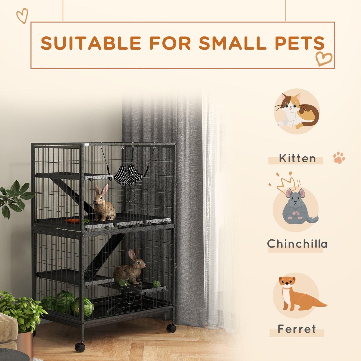 5-Tier Rolling Small Animal Cage, Deluxe Guinea Pig Cage, Ferret Cage for Mink Chinchilla Kitten Rabbit, Small Pet Play House with Hammock Platform, Ramp, Tray, Dark Grey