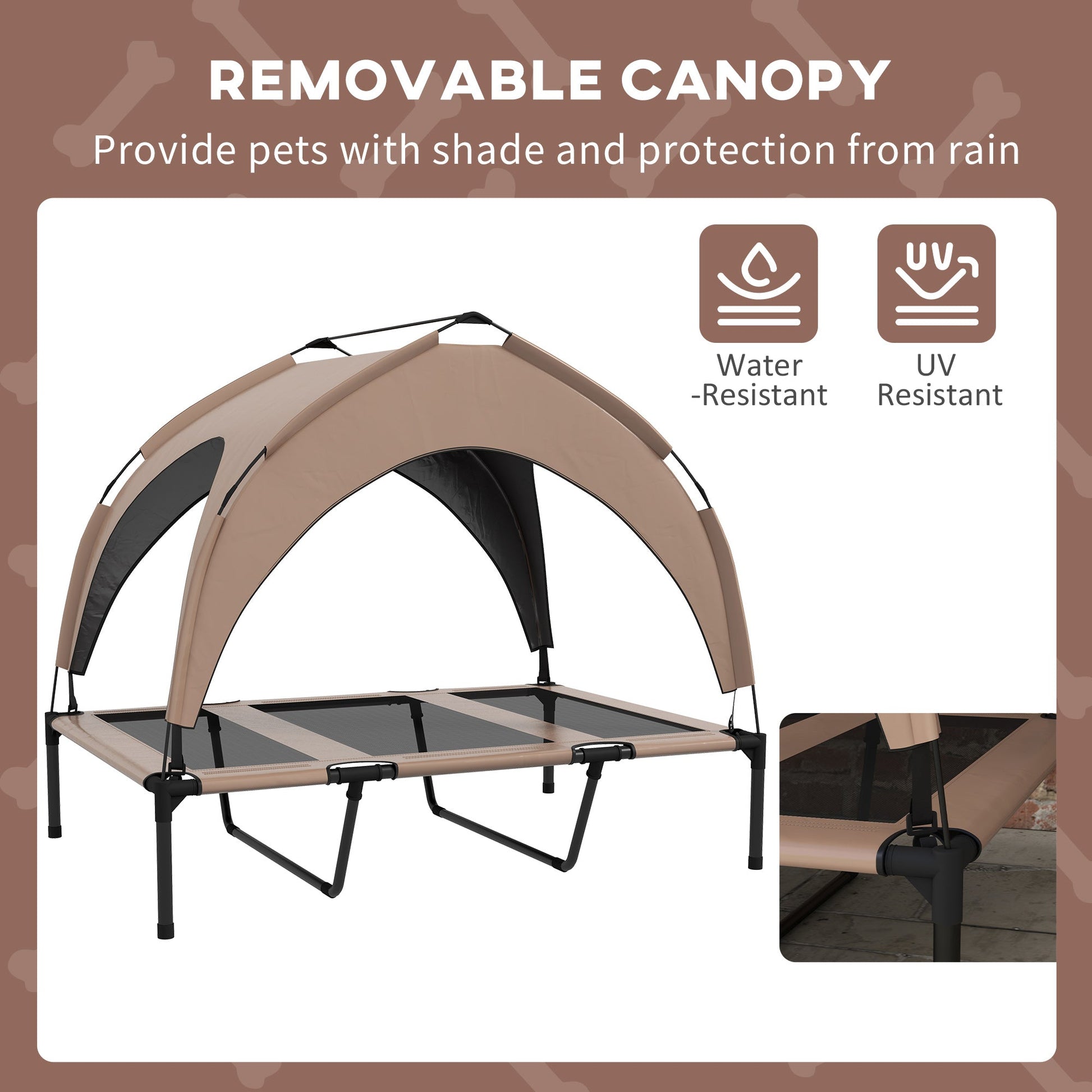 Elevated Dog Bed with Canopy, Cooling Dog Cot Bed for Camping, Portable Raised Pet Cot with Washable Breathable Mesh, for Indoor Outdoor, Large Dogs, 42" x 30" x 37", Coffee