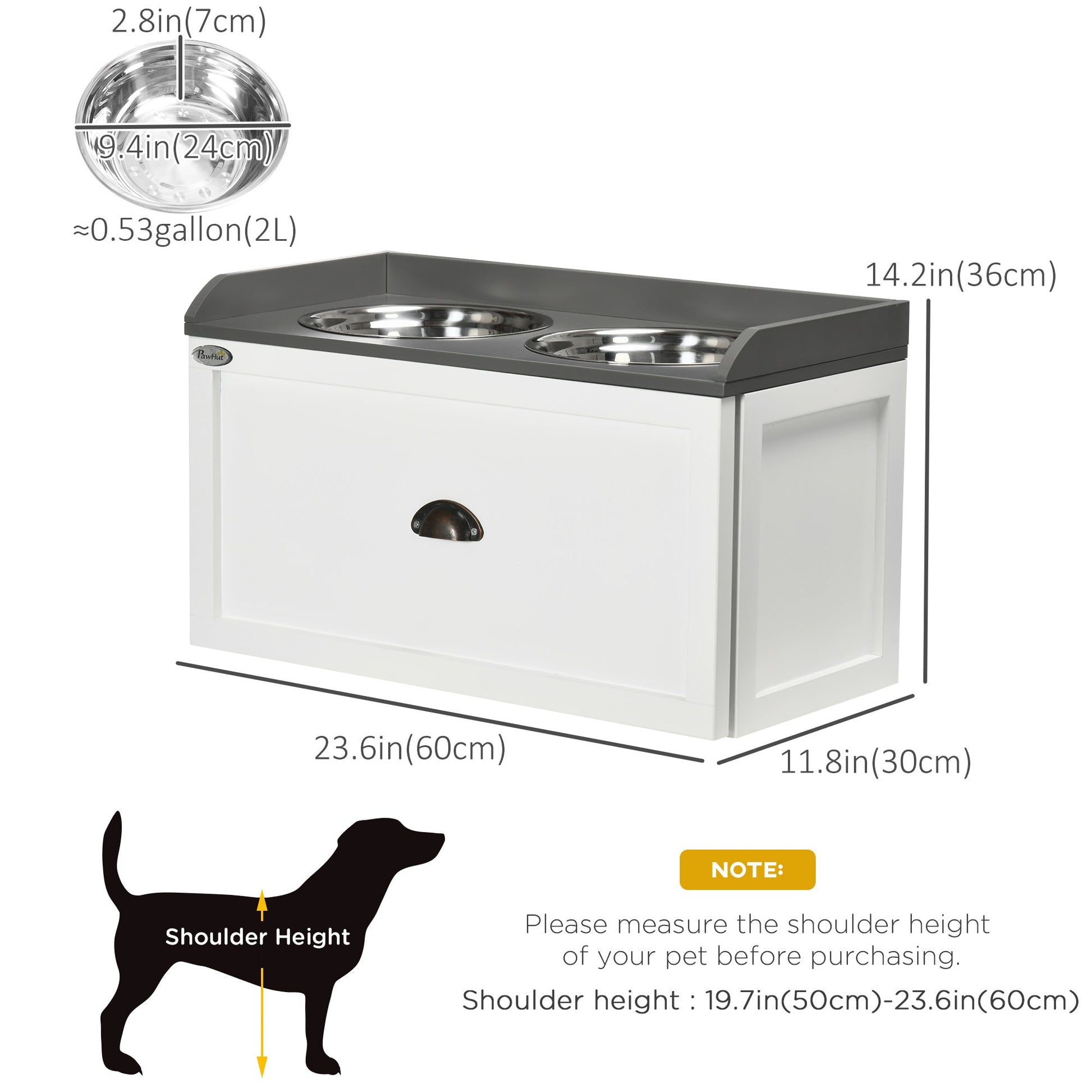 Elevated Dog Bowls for Large Dogs, Raised Pet Feeding Station with 2 Stainless Steel Bowls, Hidden Storage Drawer, Wood Stand for Cats, White