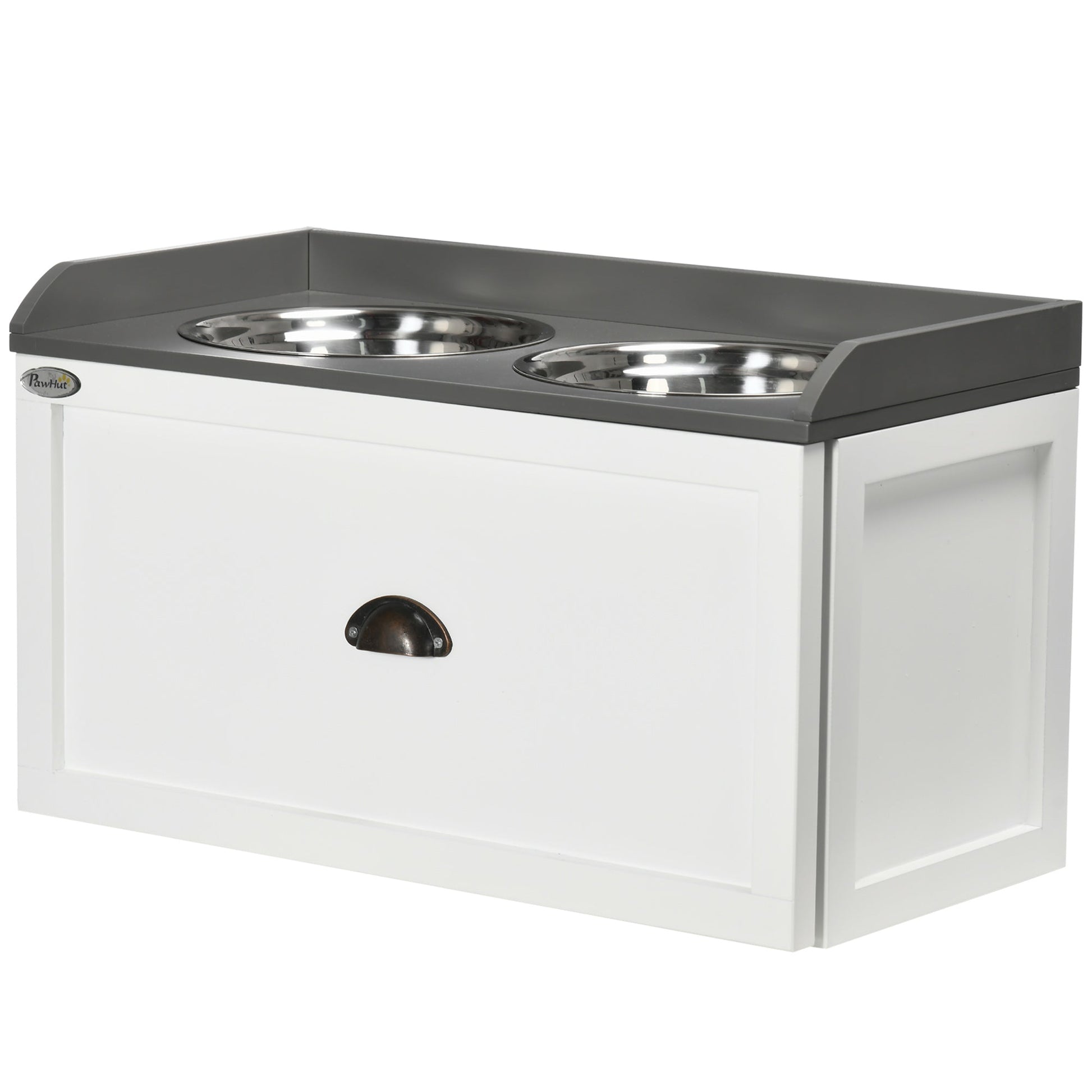 Elevated Dog Bowls for Large Dogs, Raised Pet Feeding Station with 2 Stainless Steel Bowls, Hidden Storage Drawer, Wood Stand for Cats, White
