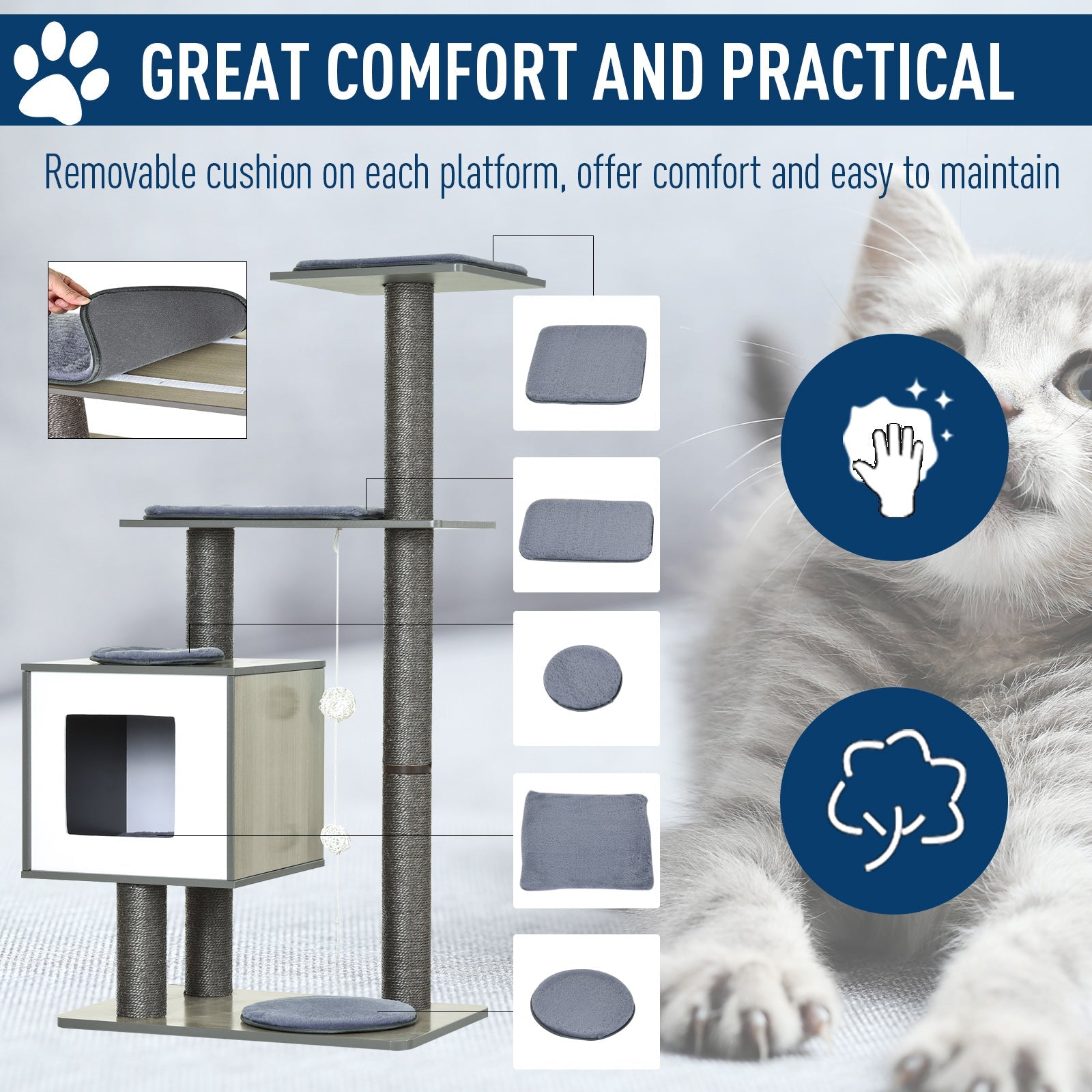 47" Wood Cat Tree, Cat Condo Tower with Scratching Post, Toy Ball, Grey