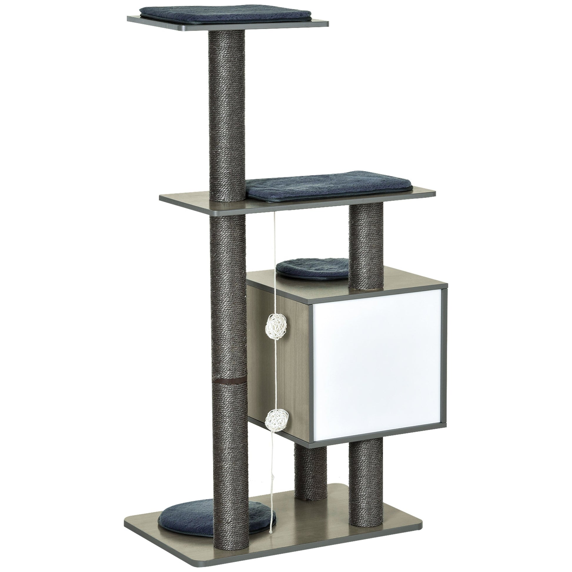 47" Wood Cat Tree, Cat Condo Tower with Scratching Post, Toy Ball, Grey